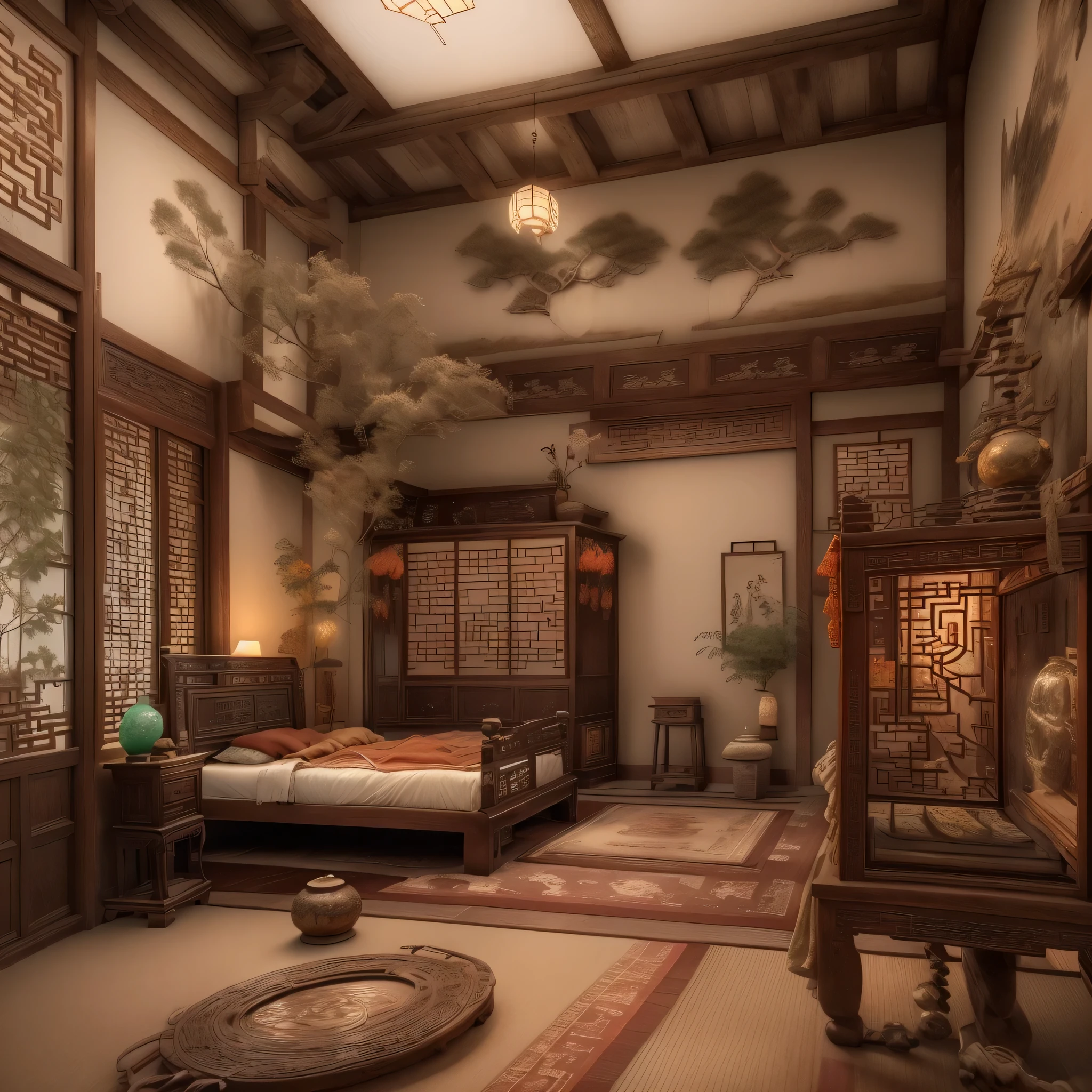 A traditional Chinese bedroom with antique wooden furniture, delicate carvings, and soft lighting, featuring ancient-style doors and elegant window coverings, ornate zither quietly placed in the corner, ink paintings hanging on the wall, exquisite jade carvings by the window, fragrant aroma diffusing throughout the room, displaying elegant calligraphy and antique artifacts, exuding a rich cultural atmosphere. (best quality,4k,8k,highres,masterpiece:1.2),ultra-detailed,(realistic,photorealistic,photo-realistic:1.37),traditional Chinese landscape,antique artistry,subtle and warm color palette,soft and natural lighting.