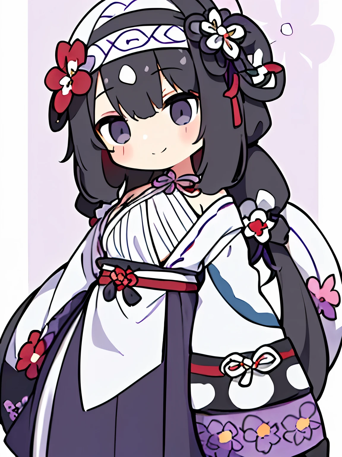 (black hair:1.2),(long hair with curls:1.3),(hair tied up loosely:1.25),(bandana:1.3),(black eye:1.4),(Eye size:1.5),(traditional accessories:1.3),((Ainu-people fashion:1.4)),(Background full of blooming flowers:1.5),(blush),(upward glance:1.3),(small breasts:1.4),(focus on face:1.3),((look up:1.25)),(fashion color White、darkBlue、purple、red:1.3),(smile:1.2),(whole body:1.6)