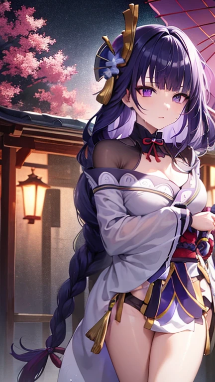 masterpiece, best quality, 1girl, solo, raiden shogun, long hair, purple hair, purple eyes, medium breasts, braided ponytail, hair ornament, blunt bangs, flowers, mole, mole under eye, sweat, wet, Kimono Top, Kimono bottom, Shrine background, Behind the shrine, Nighttime, Rain, Umbrella