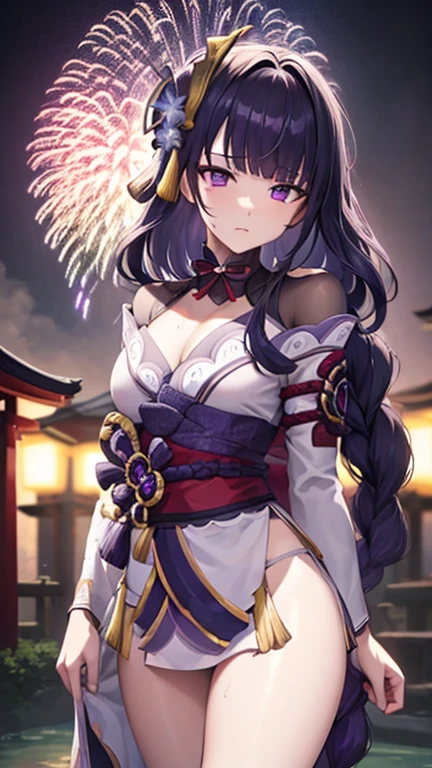 masterpiece, best quality, 1girl, solo, raiden shogun, long hair, purple hair, purple eyes, medium breasts, braided ponytail, hair ornament, blunt bangs, flowers, mole, mole under eye, sweat, wet, Kimono Top, Kimono bottom, Shrine background, Fireworks in Background, Nighttime, Rain, Umbrella