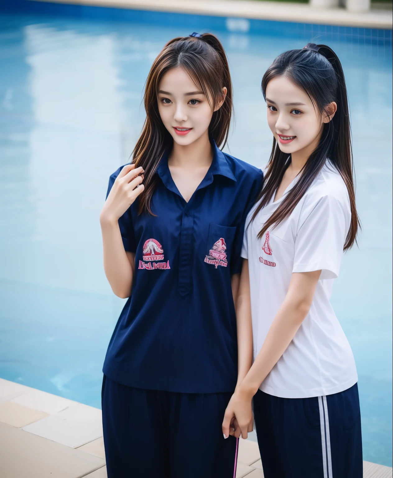 2 girls in the swimming pool, Navy blue short-sleeved shirt,Navy Long Trackpant,Sweatpants, Sweatpantsขายาว,25 year old girl, lesbian, sexy, exercise clothes, wet body