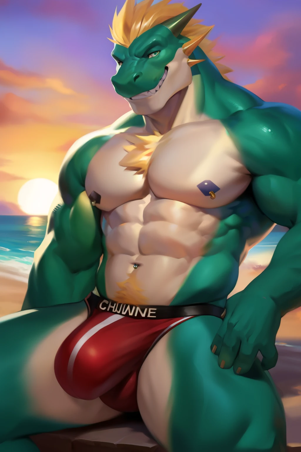 A muscular, sexy male green dragon sits on the sandy beach, his large bulge accentuated by the tight-fitting Speedo he wears. The sun sets behind him, casting a warm, high-quality glow over his scaled body. His piercing eyes gleam with a seductive grin as he ponders his next move, NSFW intentions hidden in his expression. By chunie, in stunning detail and vibrant colors.