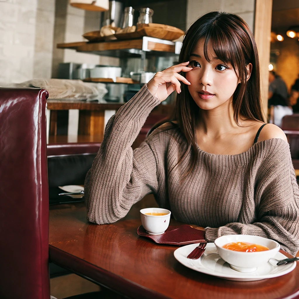 Gray sweater,Burgundy leather coat,Extra-long hair,Exposed shoulder,Breakfast place