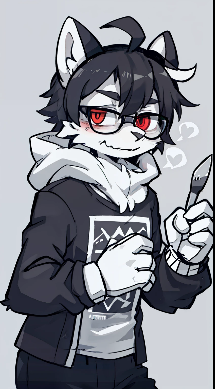 Upload to e621，A furry boy，solo，（gray fur），gray skin，Full Body Furry，serious face，wearing glasses、light hair，Dark gray elements on fur，red-black heterochromia，Glowing T-shirt，beautiful light and shadow，ambient light，superfine fur，Volumetric light，half body，side face focus，He was holding a knife in his hand，malancholic look