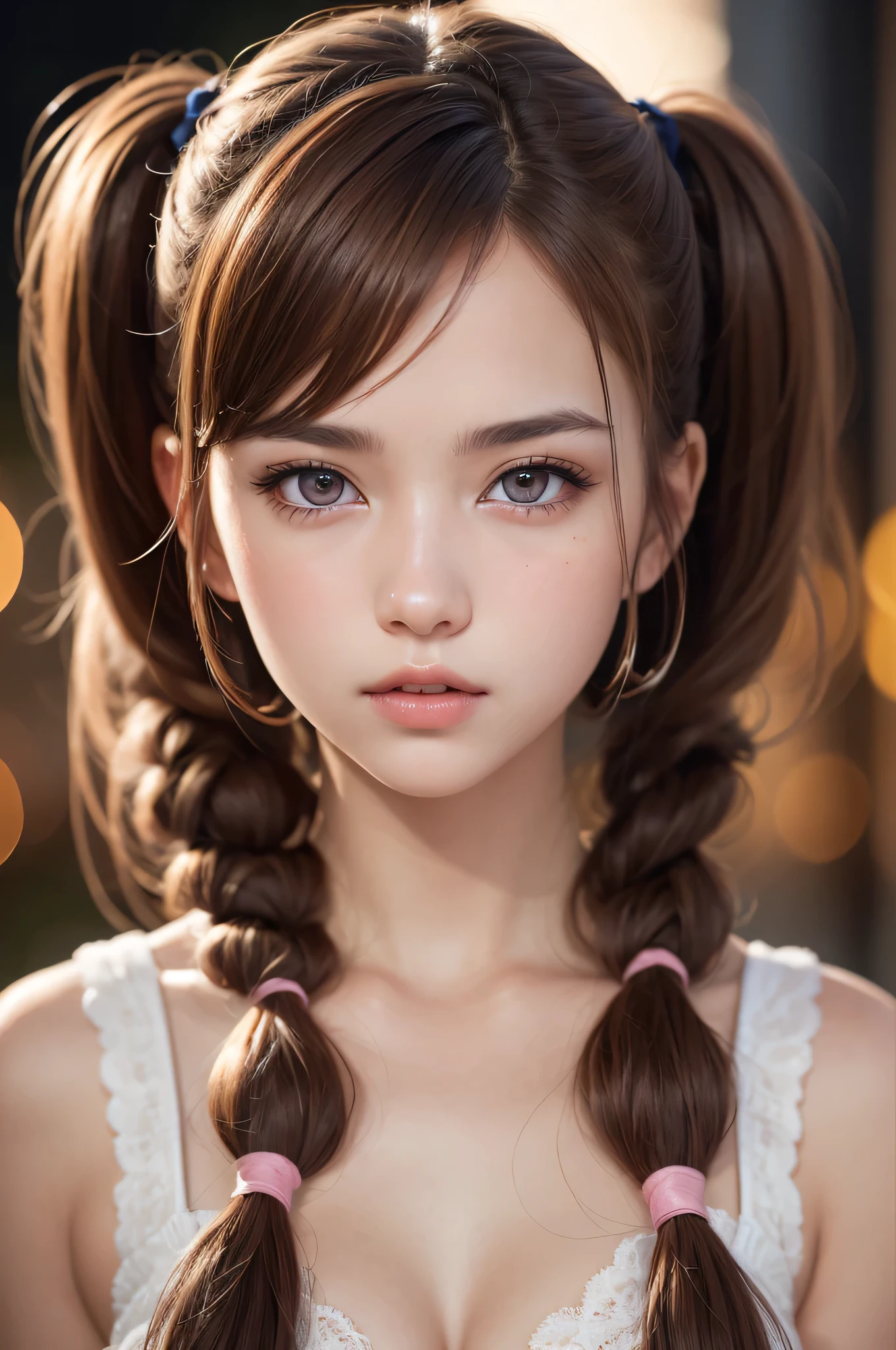 ((1girl)), (Twintails), Brown hair, Amazing face and eyes, Pink eyes, (amazingly beautiful girl), Brown hair, ((Best Quality)), (Ultra-detailed), (extremely detailed CG unified 8k wallpaper), Highly detailed, High-definition raw color photos, Professional Photography,