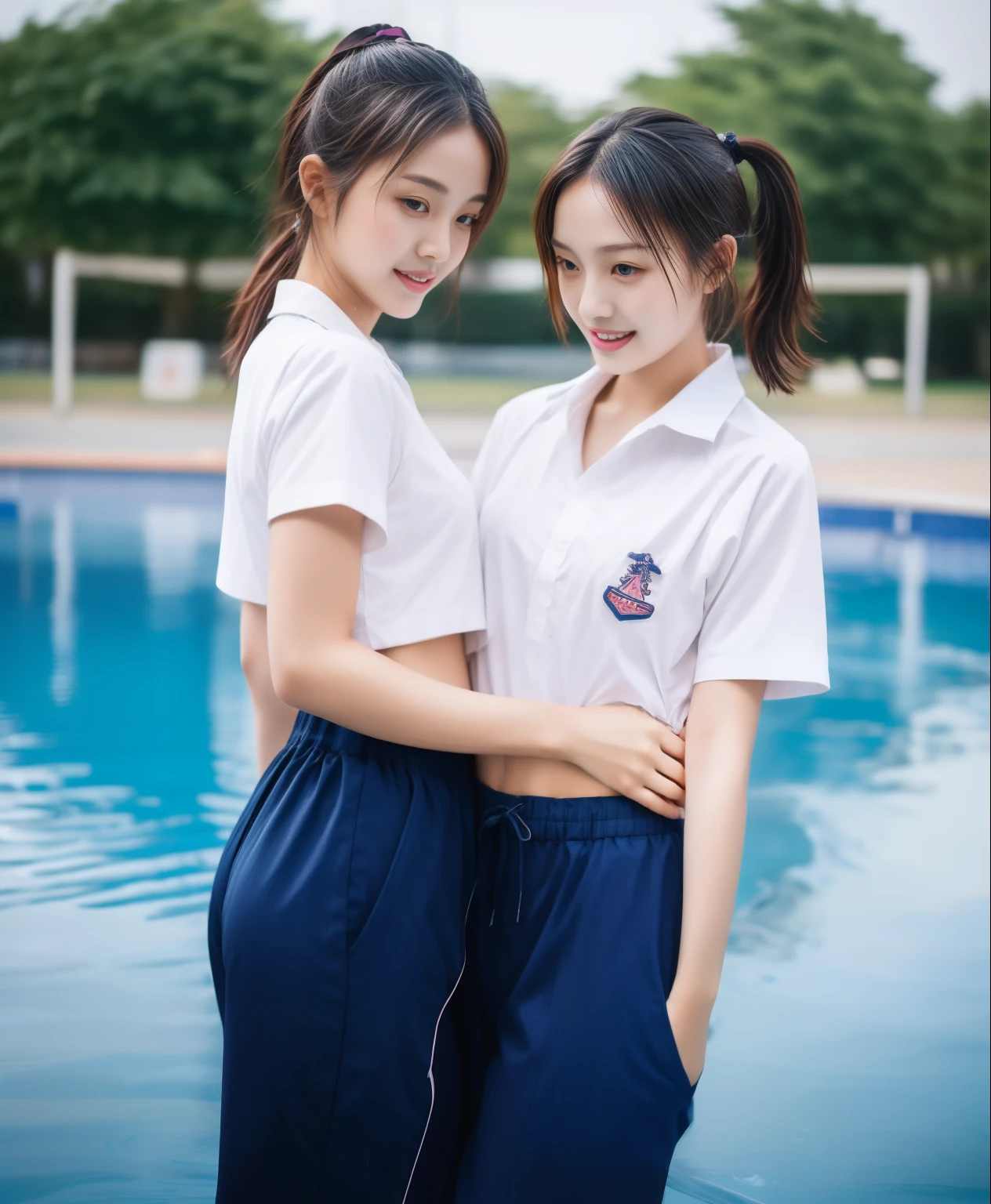 2 girls in the swimming pool, Navy blue short-sleeved shirt,Navy Long Trackpant,Sweatpants, Sweatpantsขายาว,25 year old girl, lesbian, sexy, exercise clothes, wet body
