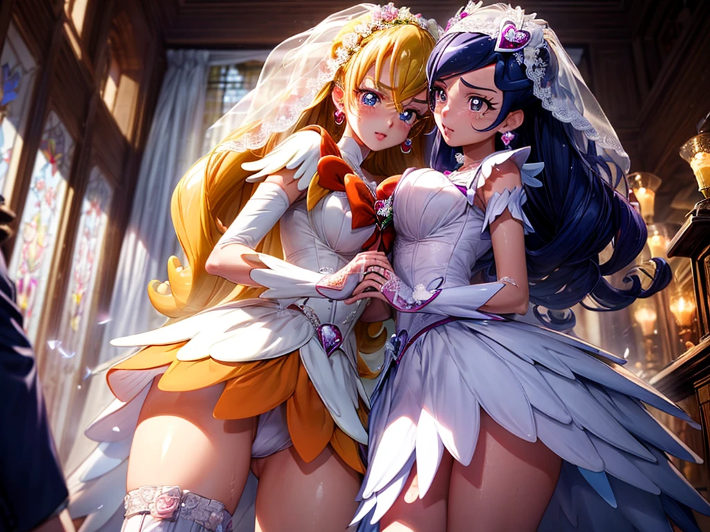 hight resolution, top-quality, ultra-quality, The ultra-detailliert, lighting like a movie、full of sweat、Wearing sweat、(((((sexy precure wedding)))))、、、(My whole body is sweaty、after sex、show off your pussy、not wearing underwear、accurate anatomy、beautiful nipples、Lesbian SEX、angry face、blush、)、Obscene atmosphere、Front Camera Angle