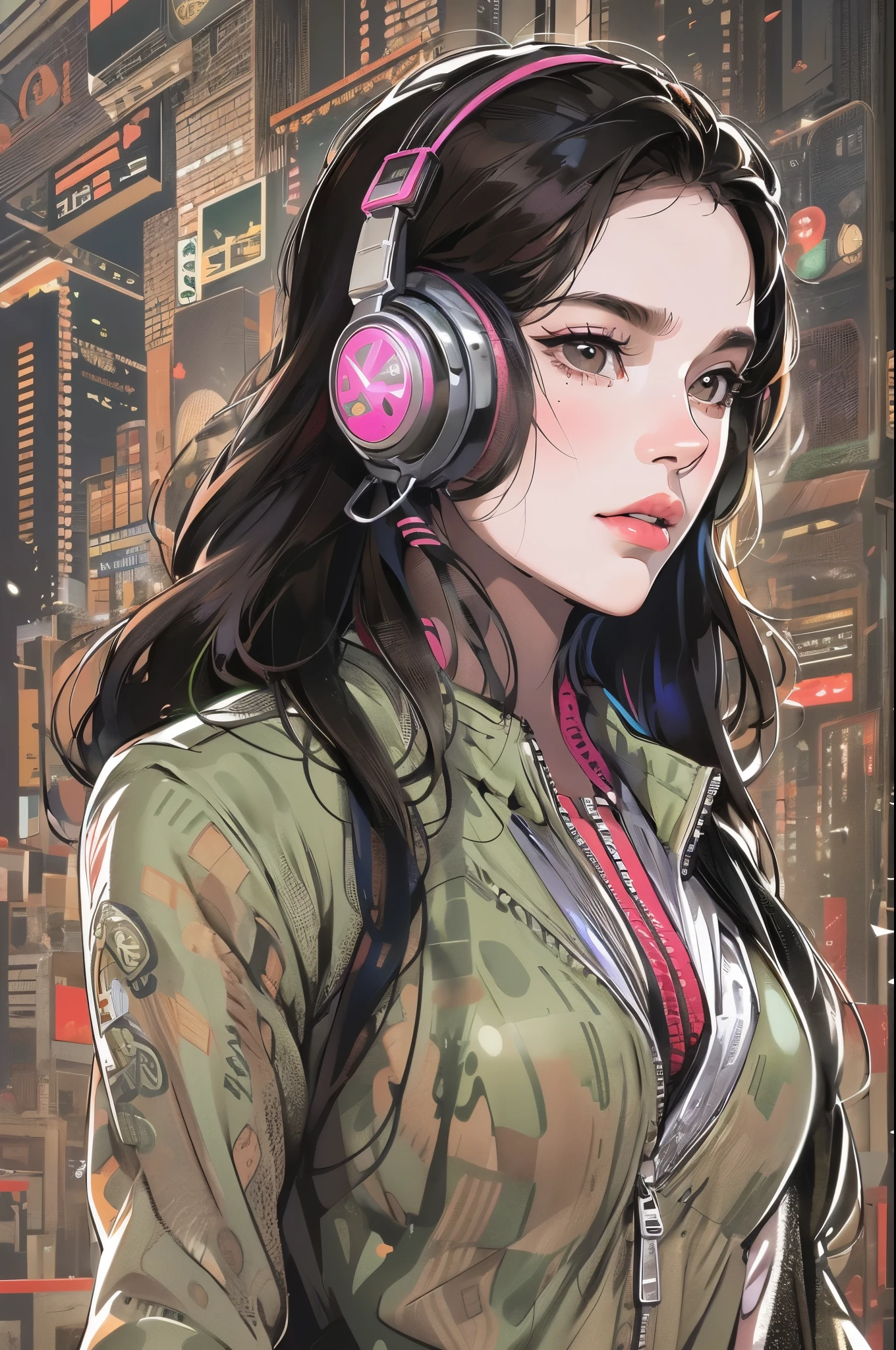 (absurdres, highres, ultra detailed, realistic, ), 1 18 year-old,girl, solo, elegance, long black hair, suits,brown eyes, (headphone),cyberpunk city background, ultra - detailed, best quality, Detailed diagram, vectorized, 8K, Graphic design, vector lines, Full-HD,full body