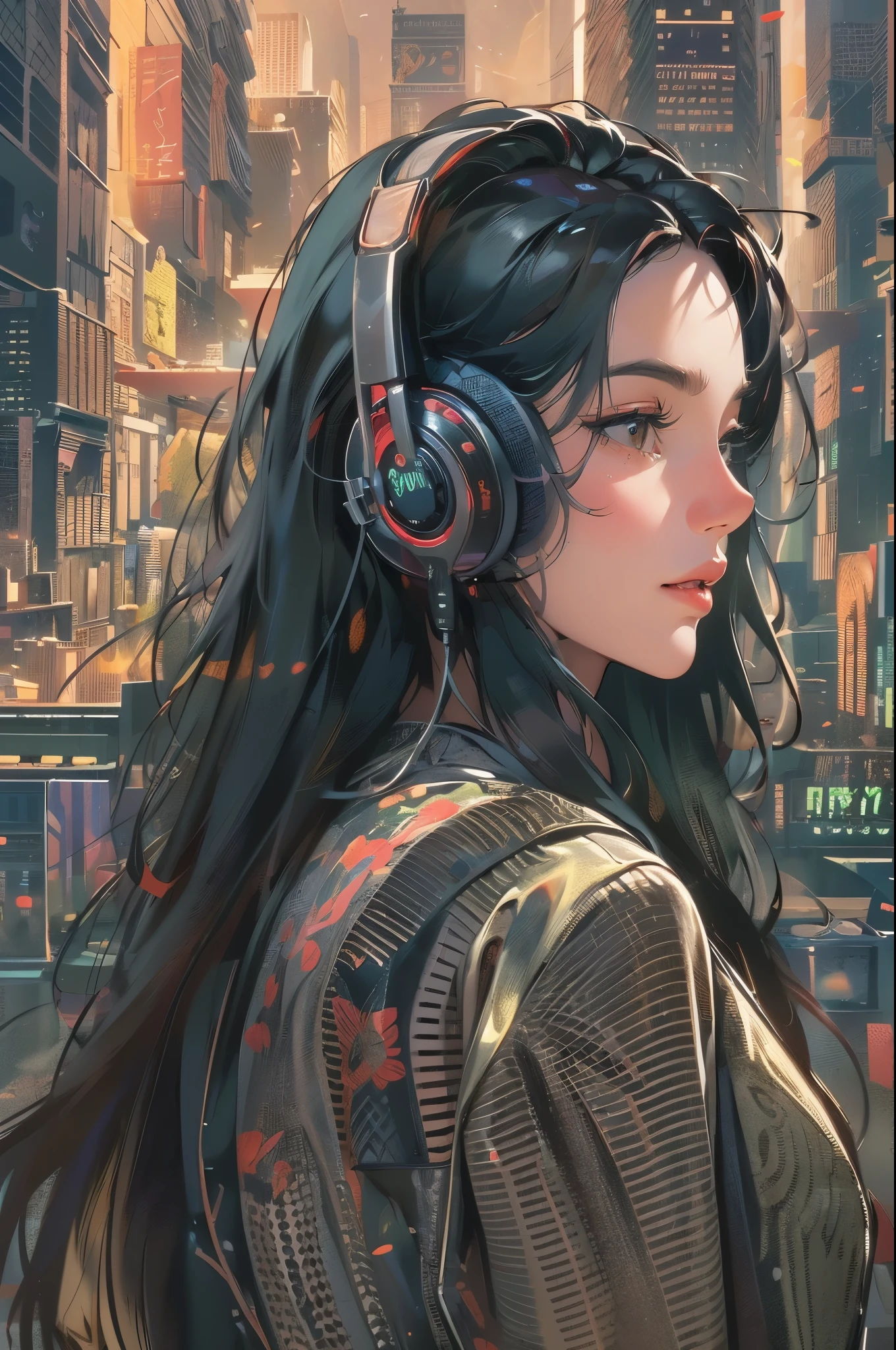 (absurdres, highres, ultra detailed, realistic, ), 1 18 year-old,girl, solo, elegance, long black hair, suits,brown eyes, (headphone),cyberpunk city background, ultra - detailed, best quality, Detailed diagram, vectorized, 8K, Graphic design, vector lines, Full-HD,full body