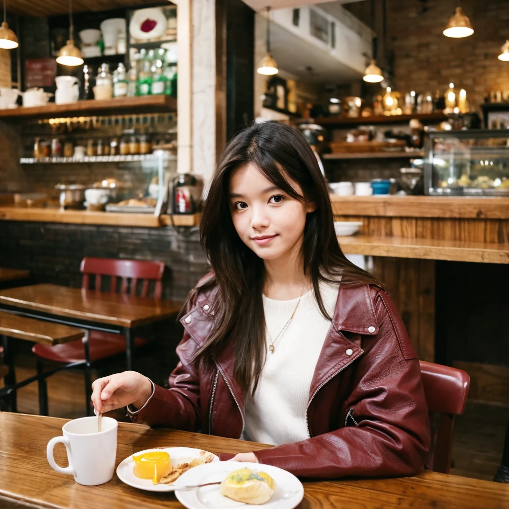 parka,Burgundy leather coat,Extra-long hair,Exposed shoulder,Breakfast place
