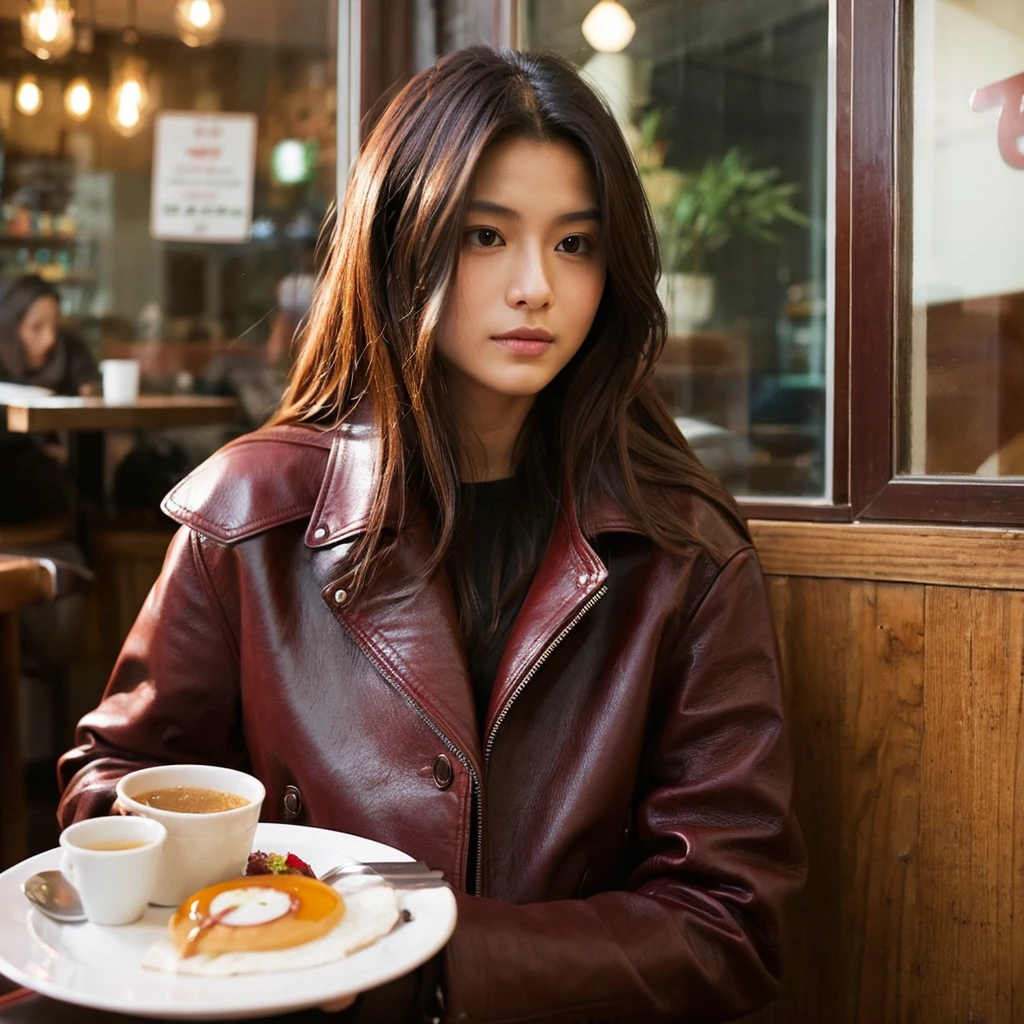 タンクトップ,Burgundy leather coat,Extra-long hair,Exposed shoulder,Breakfast place