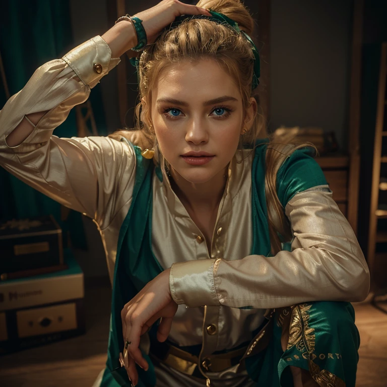 a beautiful empress portrait, blonde hair, perfect blue eyes, with a brilliant, impossible striking big Christmas headpiece, clothes Santa robes, everything Christmas, snow, symmetrical, dramatic studio lighting, rococo, baroque, greens, asian, hyperrealism, closeup, D&D, fantasy, intricate, elegant, highly detailed, digital painting, artstation, octane render, 8k, concept art, matte, sharp focus