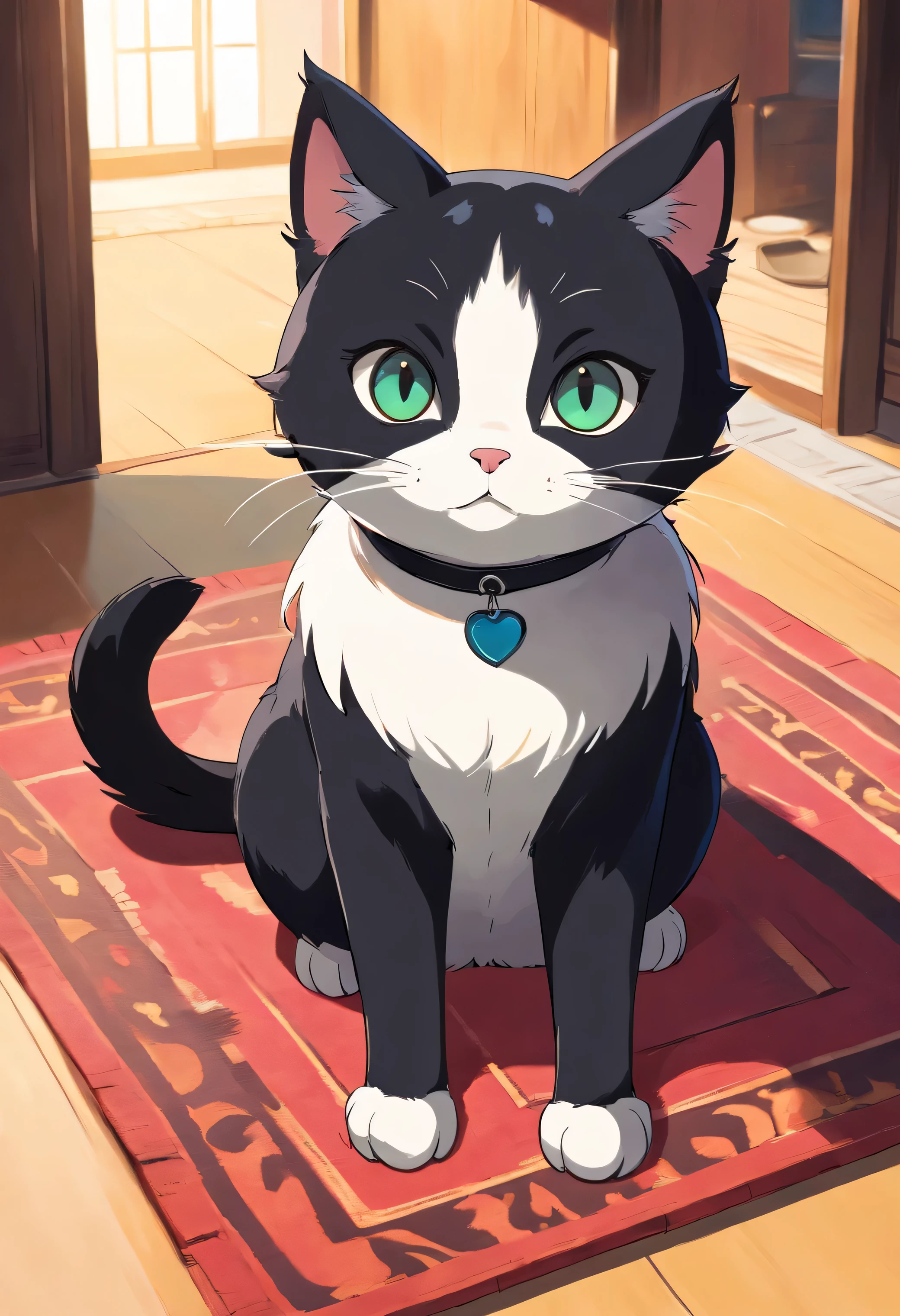 A cute black cat with glossy eyes,full body, detailed, sitting in a mat,vivid colors, cute,Black and white tabby cat,Lazy,Love to be coquettish, simple background