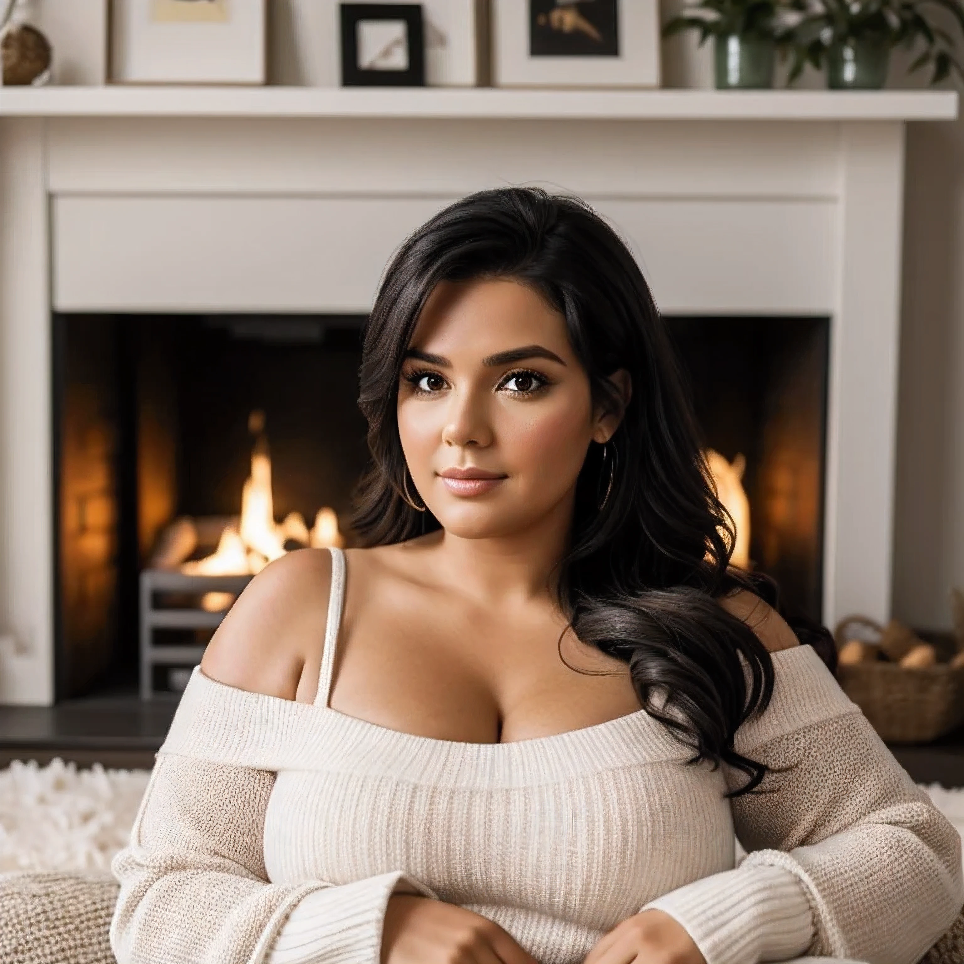 ((best quality)), ((masterpiece)), (detailed), perfect face, (1 woman, 35 aged, plus size, curvy shapes), (black hair shoulder-length) magenta sexy clothes, cozy room, wooden interior, ultra detailed interior, cozy, warm, relaxing, intense fireplace light