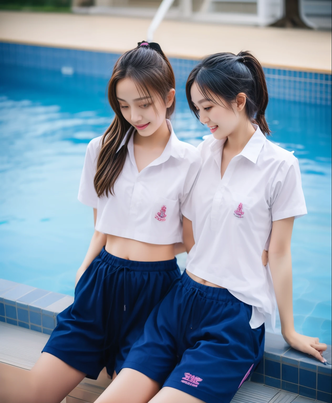 2 girls in the swimming pool, Navy blue short-sleeved shirt,Navy Long Trackpant,Sweatpants, Sweatpantsขายาว,25 year old girl, lesbian, sexy, exercise clothes, wet body