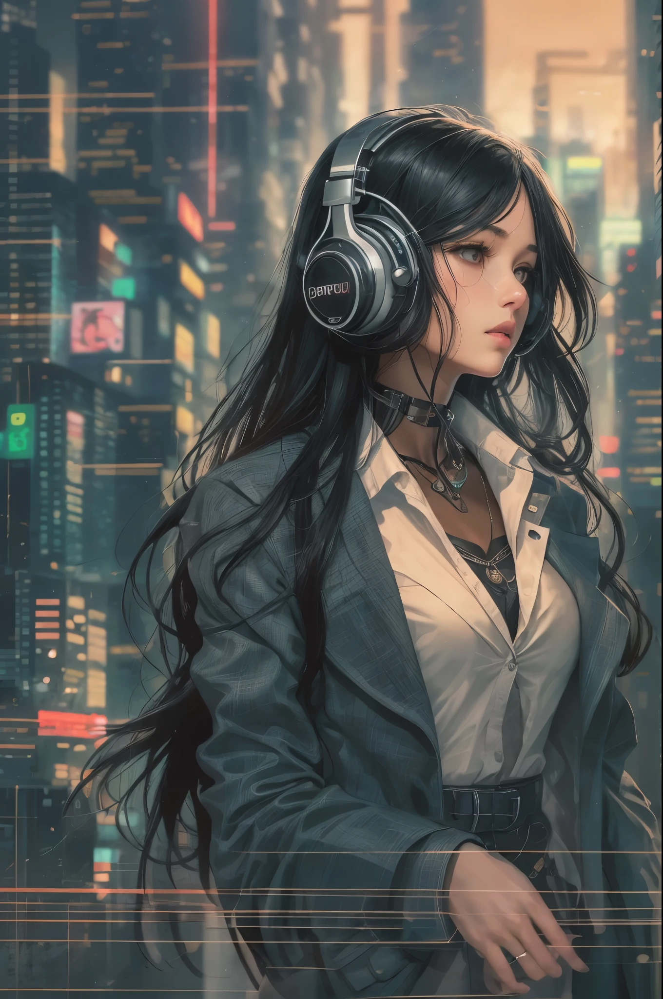 (absurdres, highres, ultra detailed, realistic, ), 1 18 year-old,girl, solo, elegance, long black hair, suits,brown eyes, (headphone),cyberpunk city background, ultra - detailed, best quality, Detailed diagram, vectorized, 8K, Graphic design, vector lines, Full-HD,full body