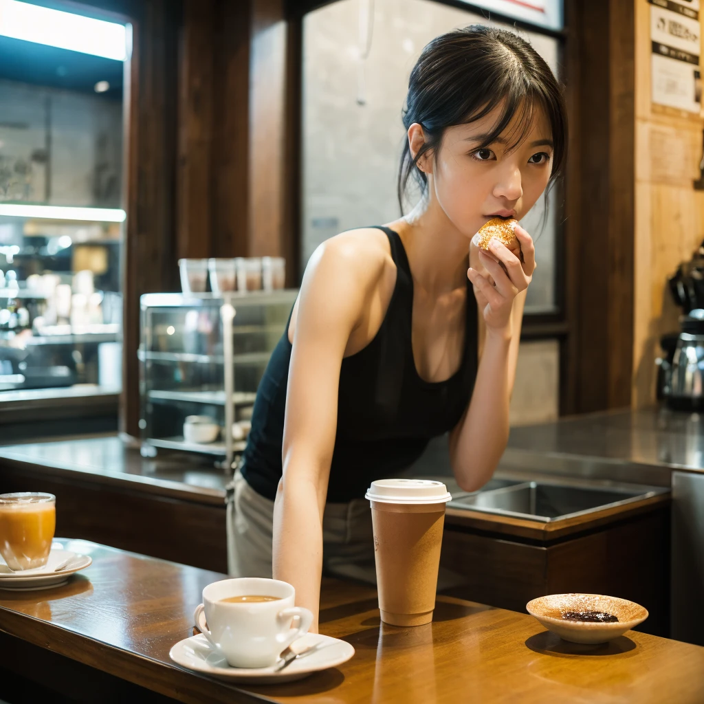 Realisticな,(master piece, high quality:1.2) ,Realistic, one perfect woman、RAW photography, wide wide shot, ( Hand Sign), verbal invitation, she keeps her mouth open, (just enough to make ends meet), drink coffee、I'm at the cafe、Tank top