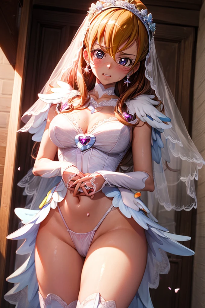 hight resolution, top-quality, ultra-quality, The ultra-detailliert, lighting like a movie、full of sweat、Wearing sweat、(((((y precure wedding)))))、、、(My whole body is sweaty、after sexreadhow off pussy、not wearingrwear、accurate anatomy、beautiful nipples、protest、angry ush、)、Obscene atmosphere、Front Camera Angle