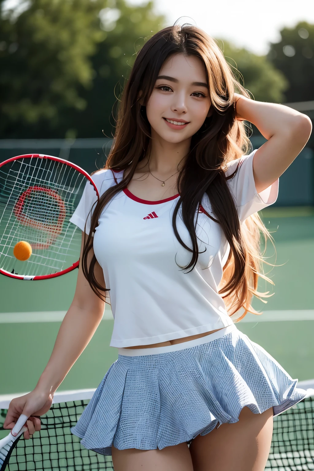 (8 thousand, best quality, masterpiece: 1.2), (realistic, realistic: 1.37), super detail, 1 girl, 20 years old, big, beauty, cute, laugh, alone, tennis wear, mini skirt, tennis court, racket, Tennis balls, (Redness of the nose), (laugh: 1.15), (keep your mouth shut), beautiful eyes, (long hair: 1.2), Floating Hair Novafrog Style, upper body, upskirt