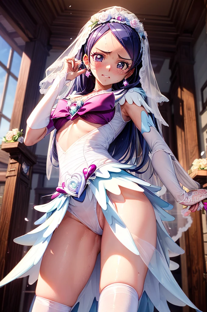 hight resolution, top-quality, ultra-quality, The ultra-detailliert, lighting like a movie、full of sweat、Wearing sweat、(((((y precure wedding)))))、、、(My whole body is sweaty、after sexreadhow off pussy、not wearingrwear、accurate anatomy、beautiful nipples、protest、angry ush、)、Obscene atmosphere、Front Camera Angle