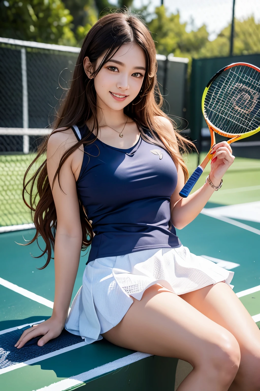 (8 thousand, best quality, masterpiece: 1.2), (realistic, realistic: 1.37), super detail, 1 girl, 20 years old, big, beauty, cute, laugh, alone, tennis wear, mini skirt, tennis court, racket, Tennis balls, (Redness of the nose), (laugh: 1.15), (keep your mouth shut), beautiful eyes, (long hair: 1.2), Floating Hair Novafrog Style, upper body, upskirt