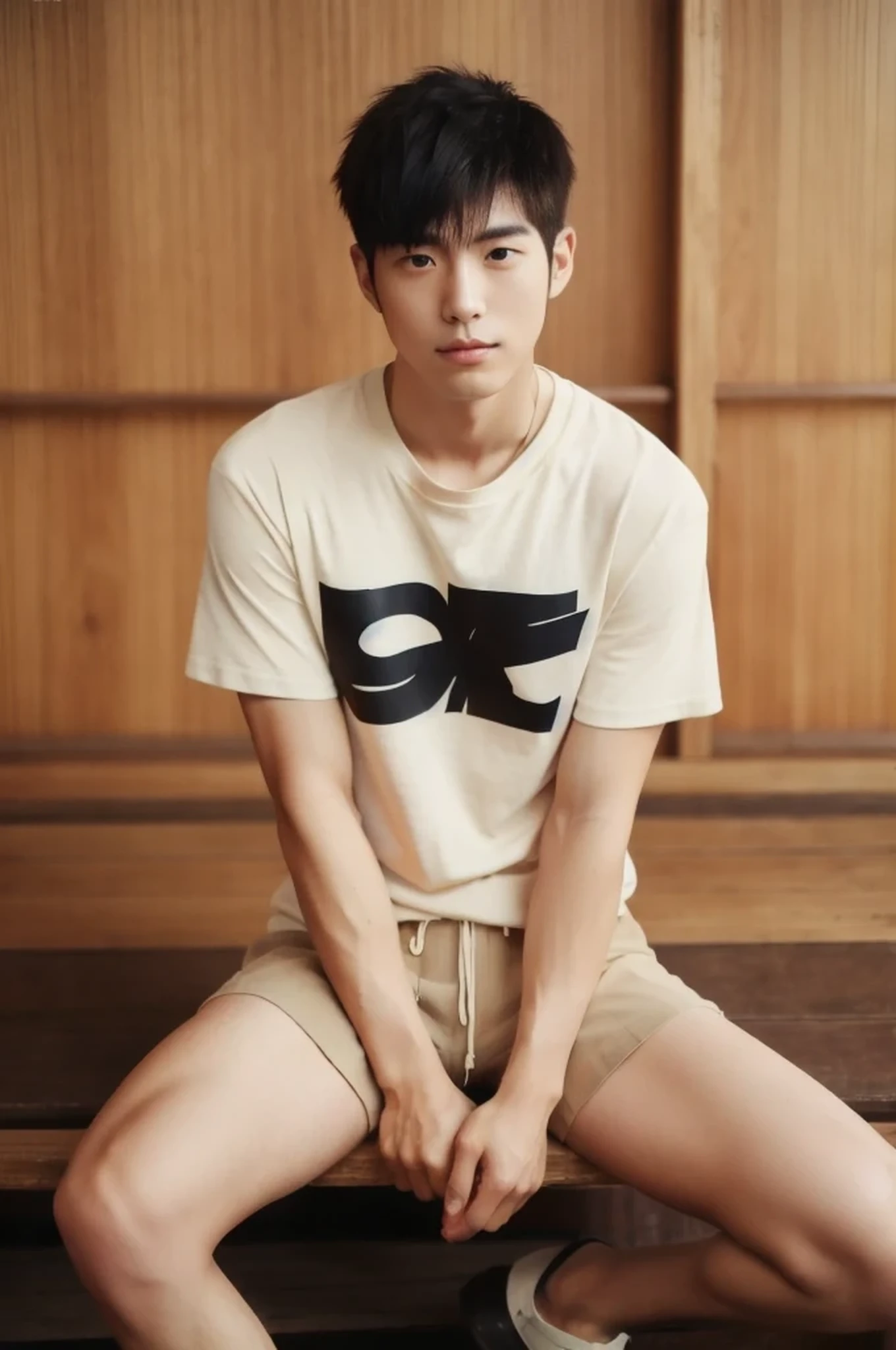 (((hairy legs))), (super sharp focus), hairy legs, toned legs, whole body, two block, messy shortt hair, long legs, Japan Male, 27 years old, wearing beige shorts, wearing a black T-shirt, very short hair, black hair
