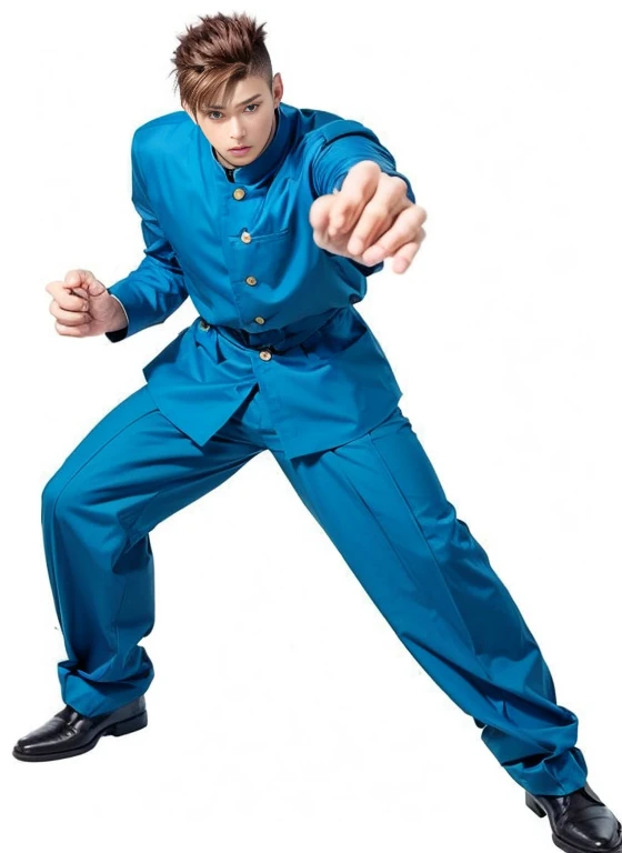 masterpiece, best quality, 1boy, in anime yuyu hakusho,brown hair,short hair,blue clothes,uniform,holding hand, realistic