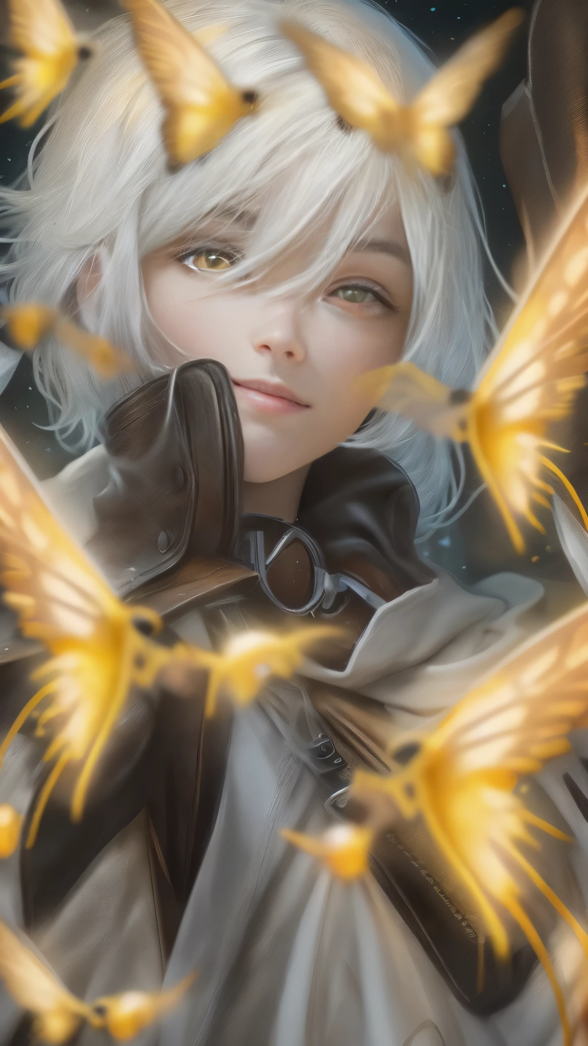 masterpiece, Young guy 18 years old, gold colored eyes, White hair, walks through a fiery cave (Night of the Fireflies), (very detailed: 1 1), красивое face, Genuine Leather, High quality, nsfv, beautiful yellow eyes, (detailed face and eyes), (face: 1 2), tumult, Complementary, real photo, PSD, Lightweight Film Photography, Sharp Focus, contrast lighting, Detailed leather, High resolution 8k, Crazy detailing, Realistic, professional photography, 8k contract, SLR camera, soft light, High quality, film grain, Fujifilm XT3 , (detailed face and eyes), (face: 1 2), tumult, Complementary, real photo, PSD, Lightweight Film Photography, Sharp Focus, contrast lighting, Detailed leather, High resolution 8k, Crazy detailing, Realistic, professional photography, 8k contract, SLR camera, soft light, High quality, film grain, Fujifilm XT3 ,high detail, Clarity, 8 CC, young guy, 18 years, light gray hair, short haircut, yellow eyes, grin, crown, fire, realism, realism,Human Hand, Very clear, Without flaws, five fingers, anthropomorphic --ar 2:3 --testp - optimistic; , realism, Fantasy