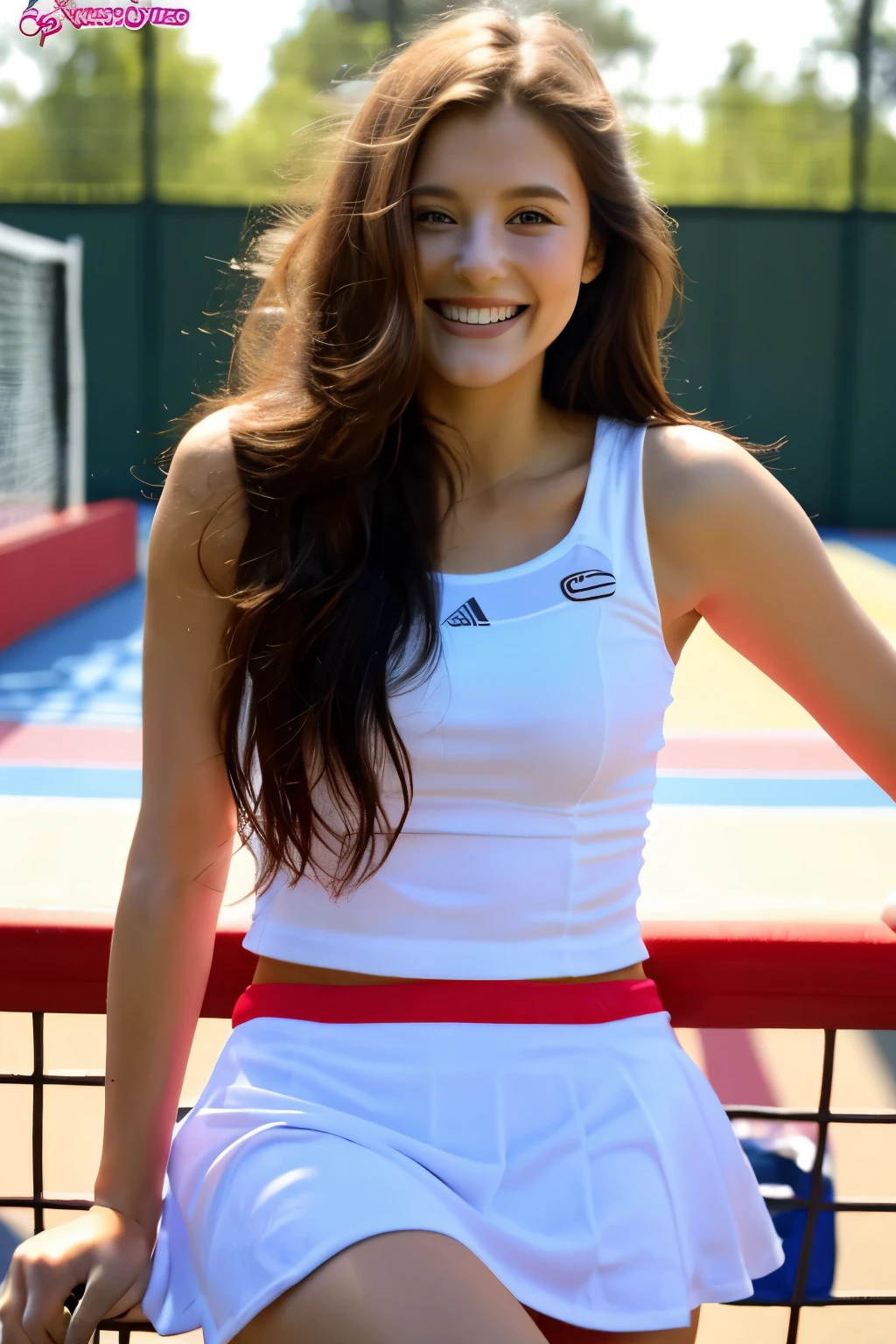 (8 thousand, best quality, masterpiece: 1.2), (realistic, realistic: 1.37), super detail, 1 girl, 20 years old, big, beauty, cute, laugh, alone, tennis wear, mini skirt, tennis court, racket, Tennis balls, (Redness of the nose), (laugh: 1.15), (keep your mouth shut), beautiful eyes, (long hair: 1.2), Floating Hair Novafrog Style, upper body, upskirt