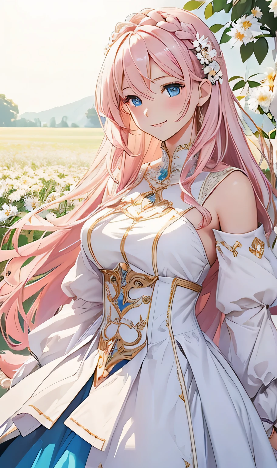 Girl Like a Goddess、リアルに近いillustration style、smile、I have long hair、light pink hair、The costume is an aristocratic dressGirl Like a Goddess、illustration style、smile、I have long hair、light pink hair、The costume is an aristocratic dress、1 girl,in the flower field,White flower,looking at the viewer,blue eyes,blonde hair,daisy,long hair,Pure white dress,