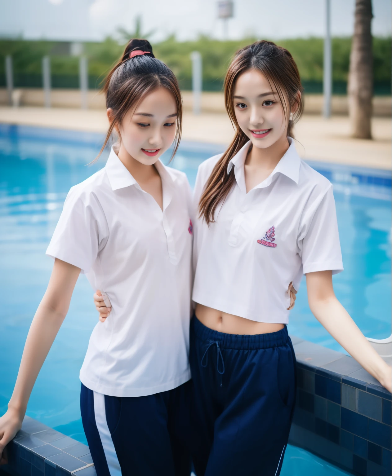 2 girls in the swimming pool, Navy blue short-sleeved shirt,Navy Long Trackpant,Sweatpants, Sweatpantsขายาว,25 year old girl, lesbian, sexy, exercise clothes, wet body