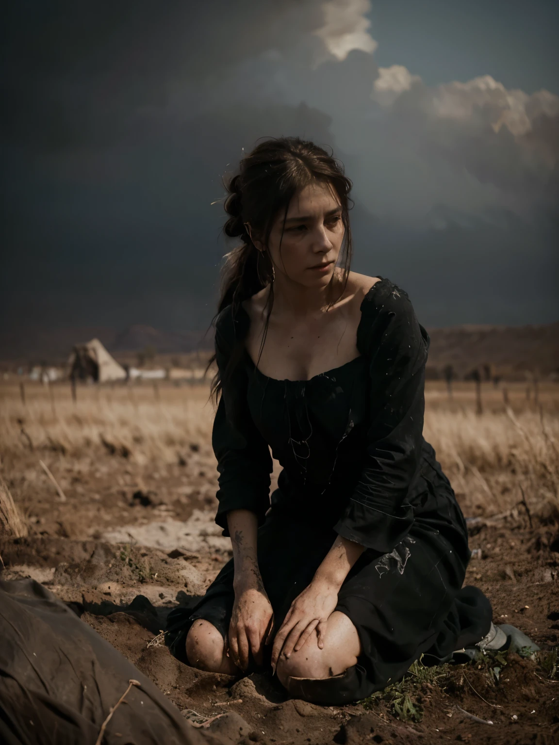 ((Jeremy Lipking style)) ((Nicola Samori style)) woman buried up to her knees sad, very ugly, ((long black dress)), front, sky, field)), hair up, (oil on linen), (photo Nikon D800, 50mm
lens), focus, ((in the ground)) ((buried knee-deep in the ground))