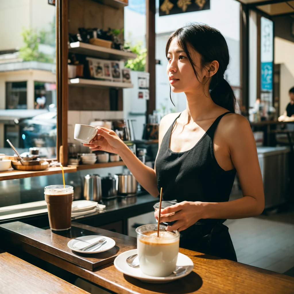 Realisticな,(master piece, high quality:1.2) ,Realistic, one perfect woman、RAW photography, wide wide shot, ( Hand Sign), verbal invitation, she keeps her mouth open, (just enough to make ends meet), drink coffee、I'm at the cafe、Tank top