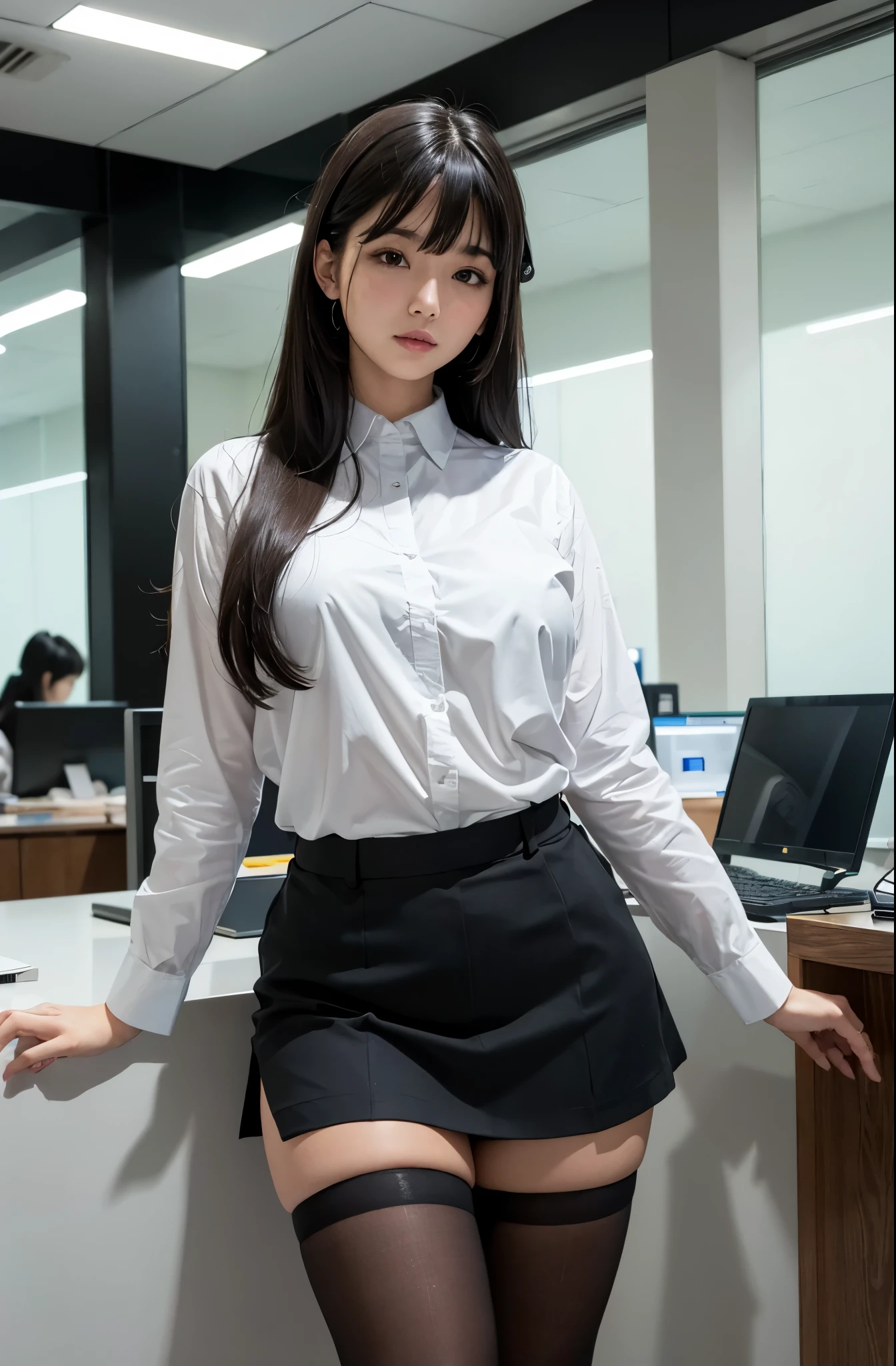 masterpiece, best quality, extremely detailed, (8K, 4K, Best Quality, hight resolution, 超A high resolution:1.1), (masterpiece, Realistic, Photorealsitic:1.1), Japaese  girl,Plump , control panels,information office,japanese receptionist ,Black hair,Blunt bangs,miniskirt,dress shirts,dark black tights,She is in information counter,