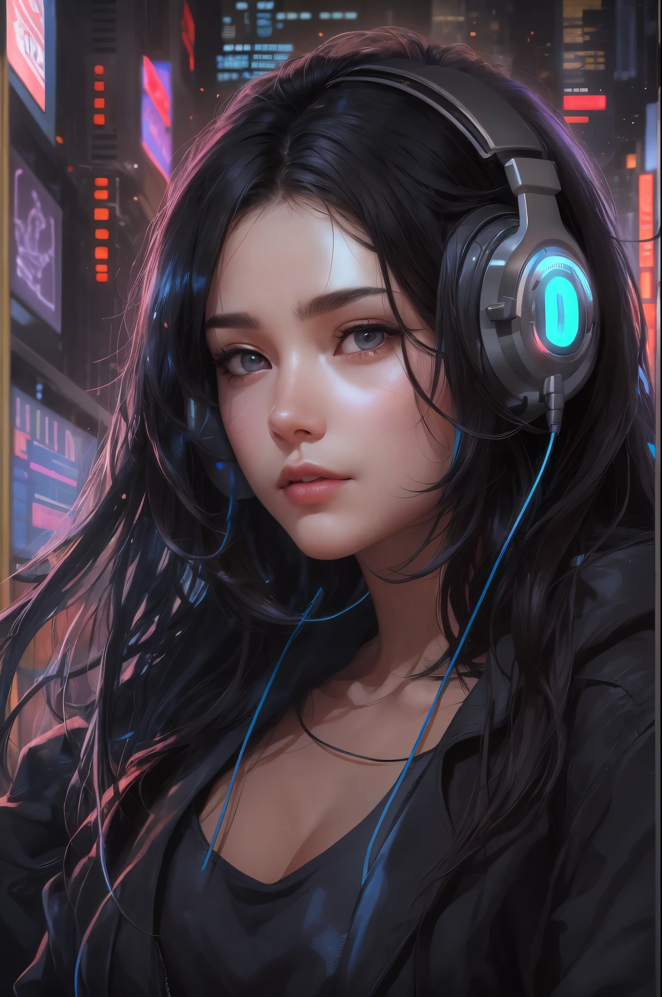 (absurdres, highres, ultra detailed, realistic, ), 1 18 year-old,girl, solo, elegance, long black hair, suits,brown eyes, (headphone),cyberpunk city background, ultra - detailed, best quality, Detailed diagram, vectorized, 8K, Graphic design, vector lines, Full-HD,full body