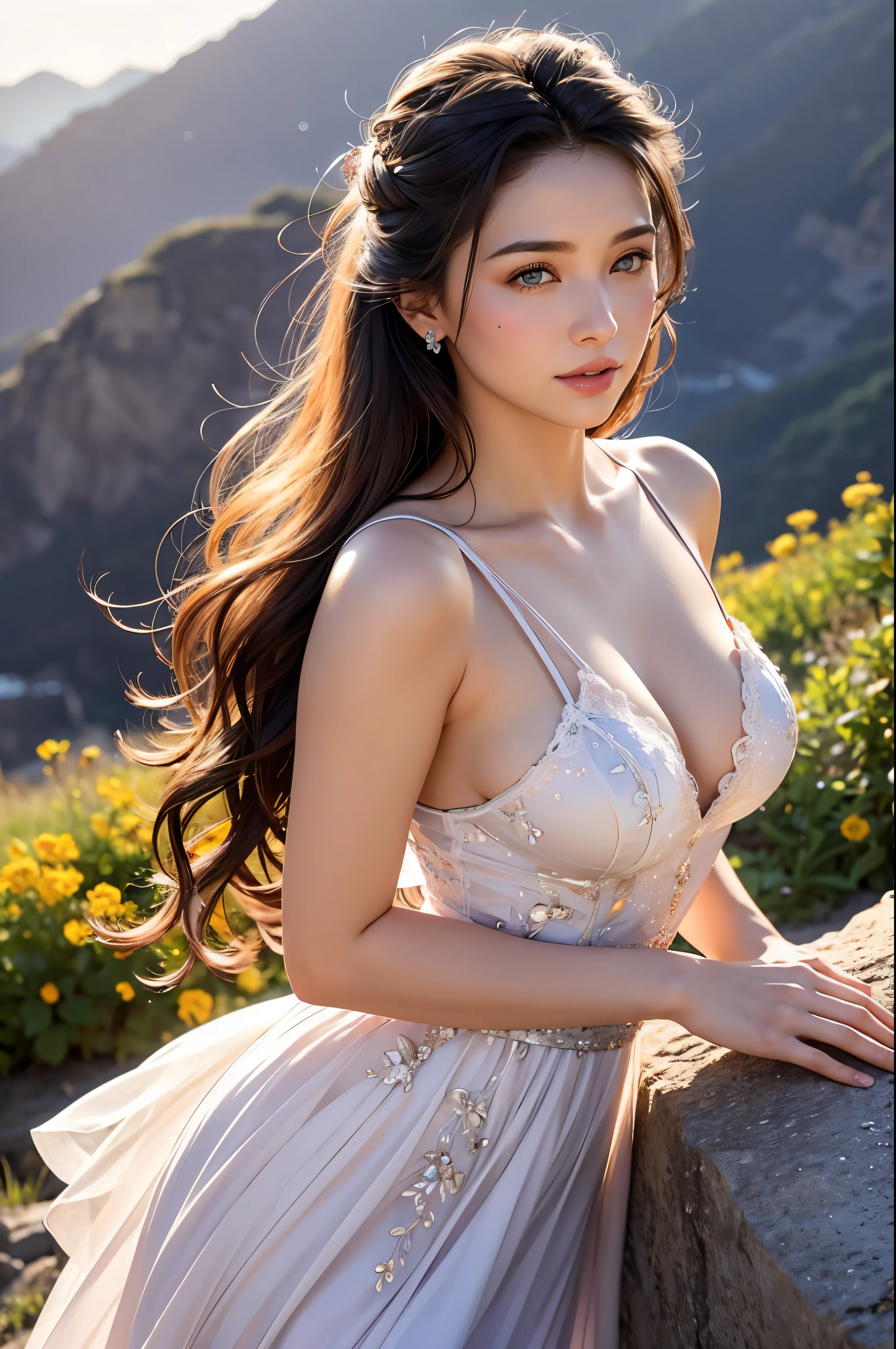 A beautiful woman stood atop a rocky outcropping,  Her hair was swept up in loose curls that tumbled down her back, a subtle hint of makeup accentuated her high cheekbones, full lips, and flawless complexion. As she turned to face the camera, a soft smile played at the corners of her mouth, framing her delicate features and piercing blue eyes overlooking a breathtaking valley below. She wore a flowing wedding dress that billowed gently in the breeze ,the lace was delicately embroidered with tiny flowers and vines, while the hem was adorned with sparkling crystals that caught the light and glimmered like stars. In the foreground, a bed of wildflowers added a pop of color to the scene, with vibrant hues of pink, purple, and yellow. Bees buzzed lazily from blossom to blossom, collecting nectar in the golden light of the setting sun. The sun was setting behind the mountains, casting a warm orange glow across the vast landscape.