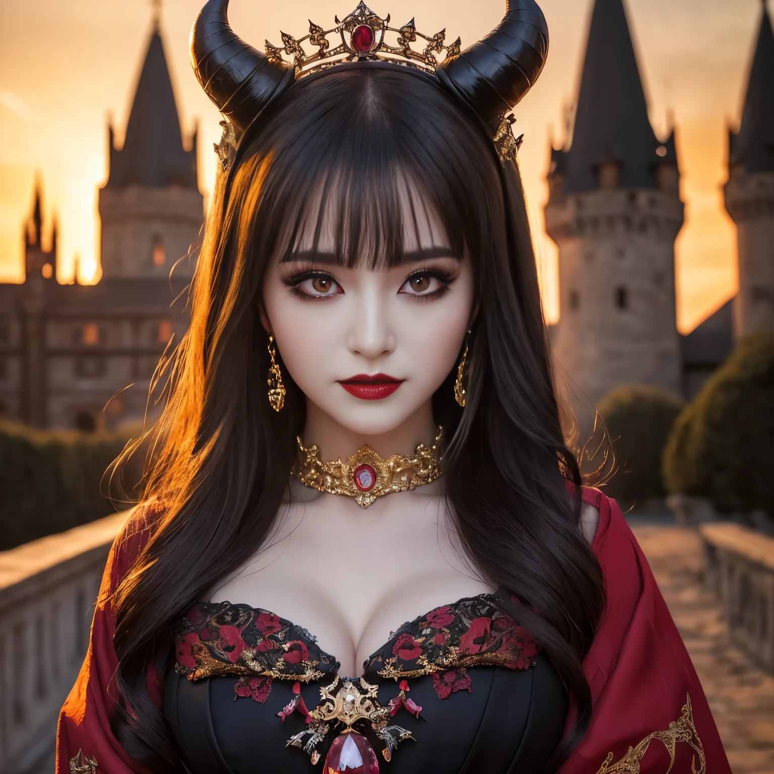 (highest quality、masterpiece、Award-winning work、best image quality、highest resolution、8K、Ultra high definition)、the most beautiful devil princess、(the most extravagant demon princess'The finest dresses:1.1)、(the most luxurious and majestic costumes:1.1)、(The most complex and detailed textures:1.1)、(The finest evil dress with the most detailed and intricate decoration:1.1)、(The most luxurious and highest quality giant tiara:1.1)、(The most luxurious and highest quality giant necklace:1.1)、(The most realistic and intricately textured rough devil horns:1.1)、(Wings with the most detailed and intricate textures:1.3)、(Lumpy creepy wings with the most realistic texture:1.1)、(thick, Hard wings with a very complex and fine texture:1.1)、(Fine jewelry decoration throughout the body:1.1)、A bewitching smile staring at me、pregnancy、Evil tattoo、Evil decoration、finest costumes、enchanting devil princess、big breasts、perfect makeup、evil eyeshadow、long eyelashes、black lipstick、accurate anatomy、cowboy shot、(blurred background)、Exterior of the most luxurious and huge European castle in the background、The most evil and creepy European castle exterior in the background、Spooky decoration、Evil decoration、creepy and evil look、fantastic bright sunset、the most beautiful vivid sunset、romantic sunset、epic movie lighting、romantic and moody
