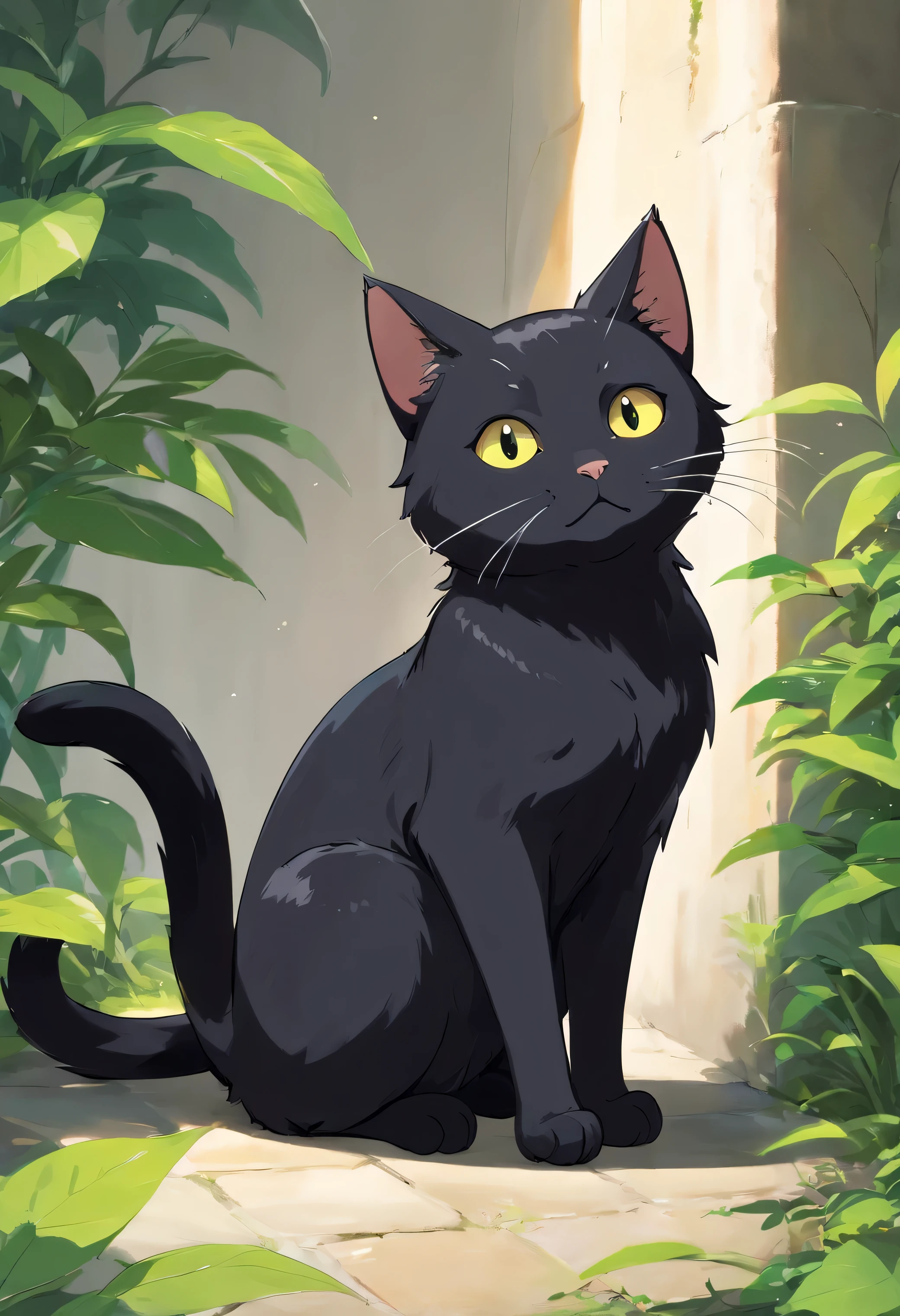 A cute black cat with glossy eyes,full body, detailed, sitting,vivid colors, cute,Black and white tabby cat,Lazy,Love to be coquettish, simple background, looking to another side