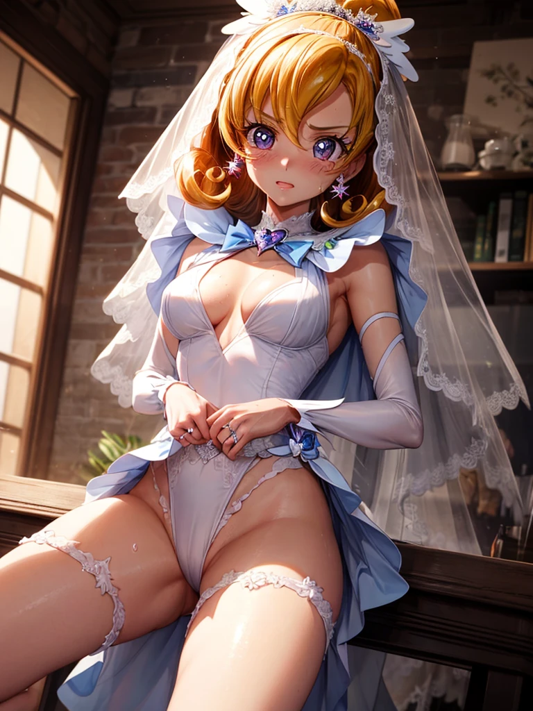 hight resolution, top-quality, ultra-quality, The ultra-detailliert, lighting like a movie、full of sweat、Wearing sweat、(((((sexy precure wedding)))))、、、(My whole body is sweaty、after sex、spread legs and show off pussy、not wearing underwear、accurate anatomy、beautiful nipples、protest、angry face、blush、)、Obscene atmosphere、Front Camera Angle