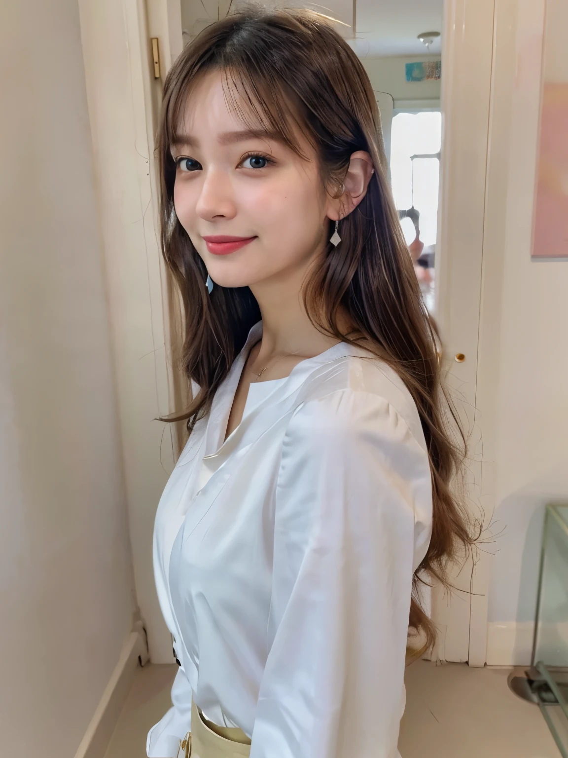 RAW photo, Portrait photo of beautiful 26 year old face, cute face, Girl VN02, Shooting with Nikon Z7 II mirrorless camera,120mmF/4 wide angle、highest quality, masterpiece, Super detailed, white wall、Taken in front of the white door、(窓のあるwhite wallの部屋)、(8K、Raw photo、highest quality、masterpiece:1.2)、High-definition RAW color photo、professional photos、(realistic、フォトrealistic:1.37)、Shot in natural light、1 girl、laughter、Versatile poses、Spring clothes、 necklace、(Beautiful profile:1.3)、Don't look at the camera、profile、((bobカット))、((bright hair color))、bob、Shot in natural light、High-tone hair color、earrings、pastel long sleeve blouse、Smile