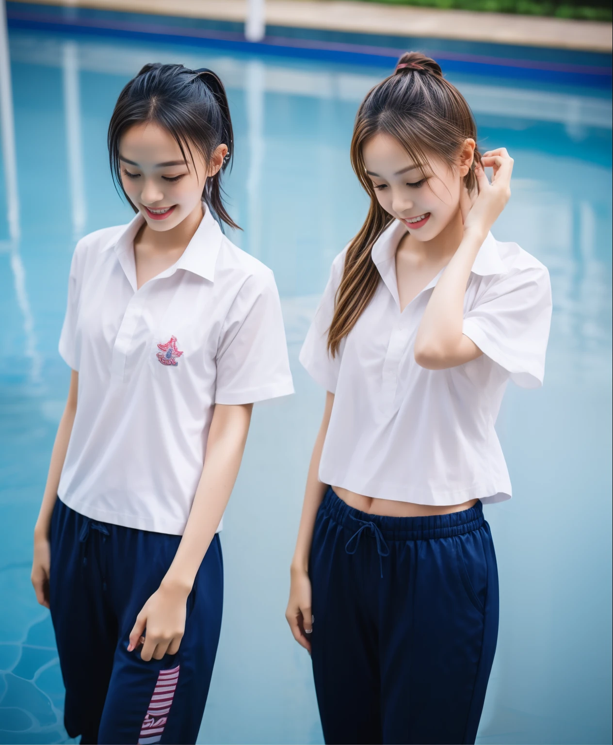 2 girls in the swimming pool, Navy blue short-sleeved shirt,Navy Long Trackpant,Sweatpants, Sweatpantsขายาว,25 year old girl, lesbian, sexy, exercise clothes, wet body