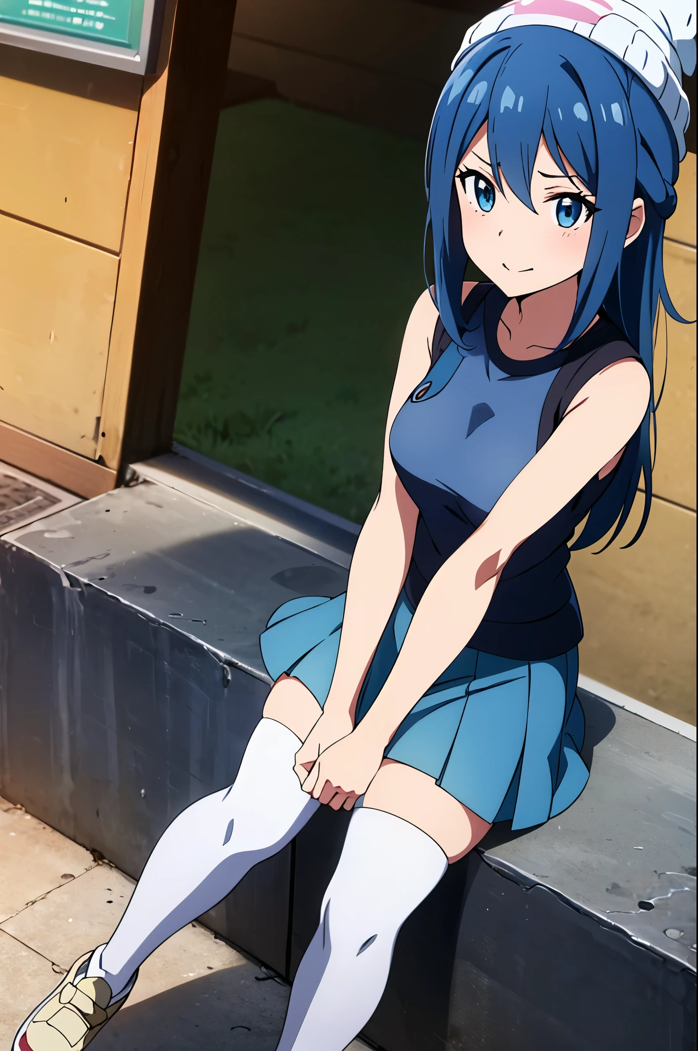 1 woman, medium sized breasts, winking face, shy and bluffing, dawn hikari pokémon, dawn character, pokémon beanie, dark blue hair, sleeveless shirt, boxed pleated skirt, white thigh-highs, loafer shoes.