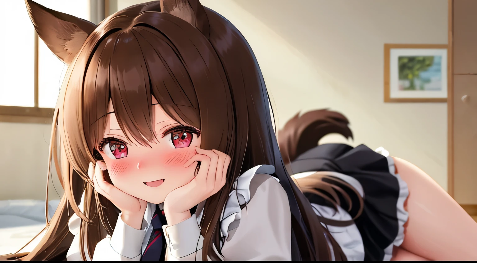 (best quality,highres,masterpiece:1.2),ultra-detailed, 1 girl, harmonious finger proportions, One girl with long hair, brown_hair, looking away, embarrassed, blushing, mouth small open, indoor, maid, maid costume, thigh, necktie, hands on own face, ear blush, covering face, mature female, close up, animal_ears, long_hair, dog_ears, brown_hair, bangs, red_eyes, smile, dog_girl, open_mouth, breasts, blush, hair_between_eyes, very_long_hair