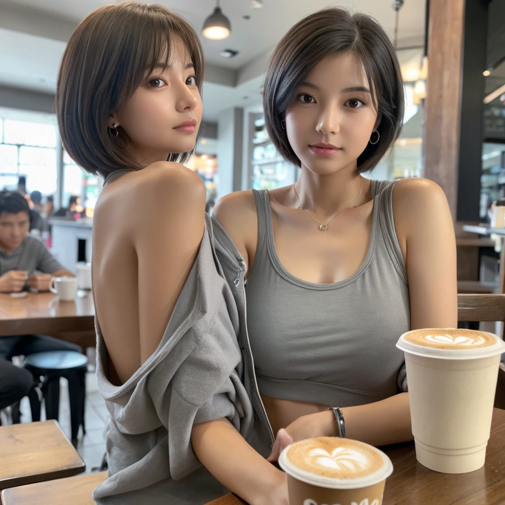 (realistic、High resolution:1.3)、1 girl with perfect figure、super thin face and eyes、short hair、Tank top、at the cafe、coffee on the table、C cup、Wearing a gray hoodie