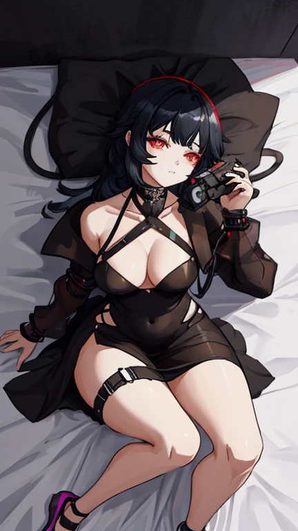 there is a woman that is laying down on a bed,holding an pistol {{block 9mm}}, Guviz-style artwork, style of anime4 K, Ross Tran 8 K, Digital cyberpunk anime art, Guweiz in Pixiv ArtStation, Guweiz on ArtStation Pixiv, e - girl, E-Girl, cyberpunk anime girl, Fanart Meilleure ArtStation,transparent black dress, looking from above (ceiling)