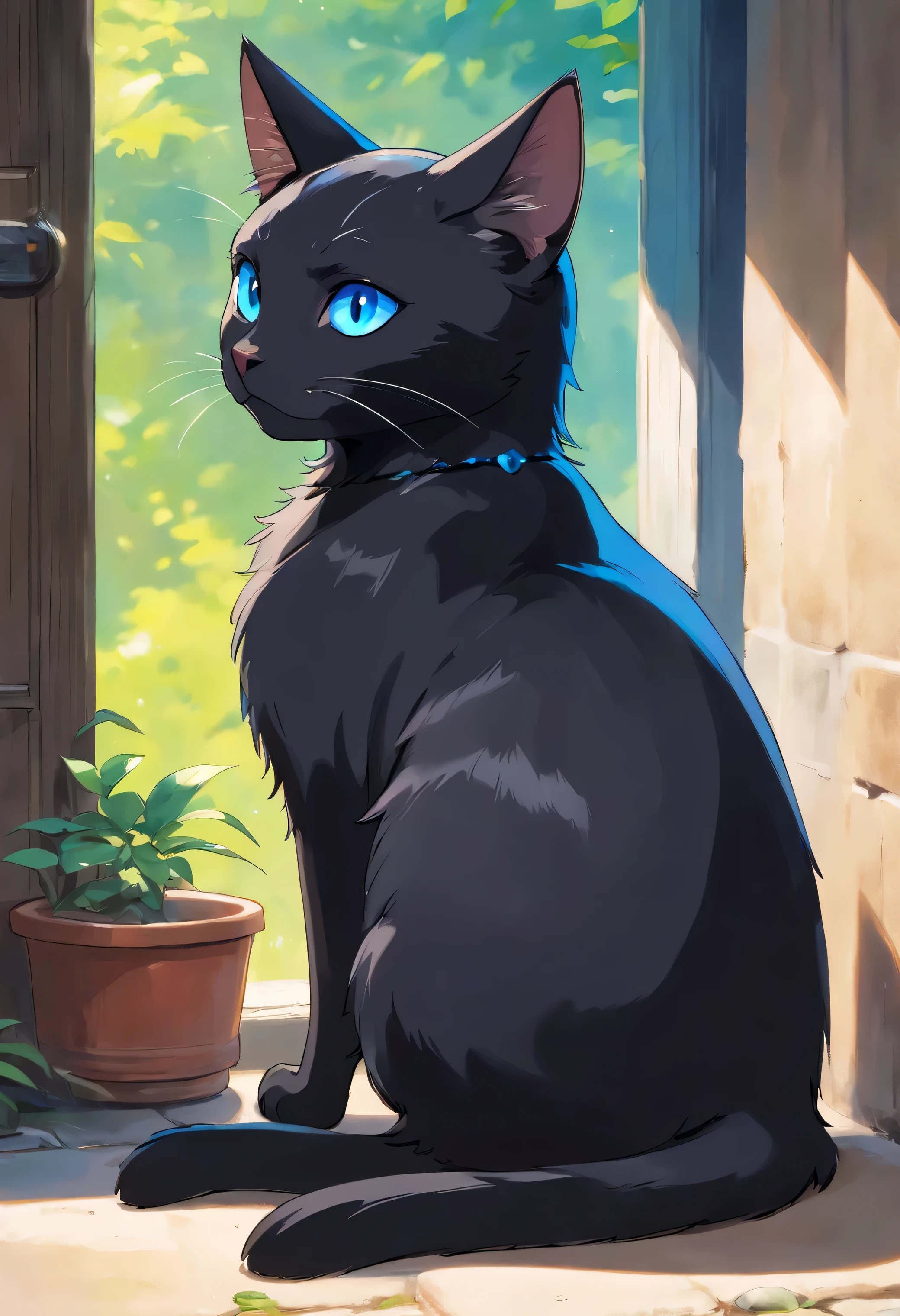 A cute black cat with glossy blue eyes,looking to another side, full body, detailed, sitting,vivid colors, cute,Black and white tabby cat,Lazy,Love to be coquettish, simple background