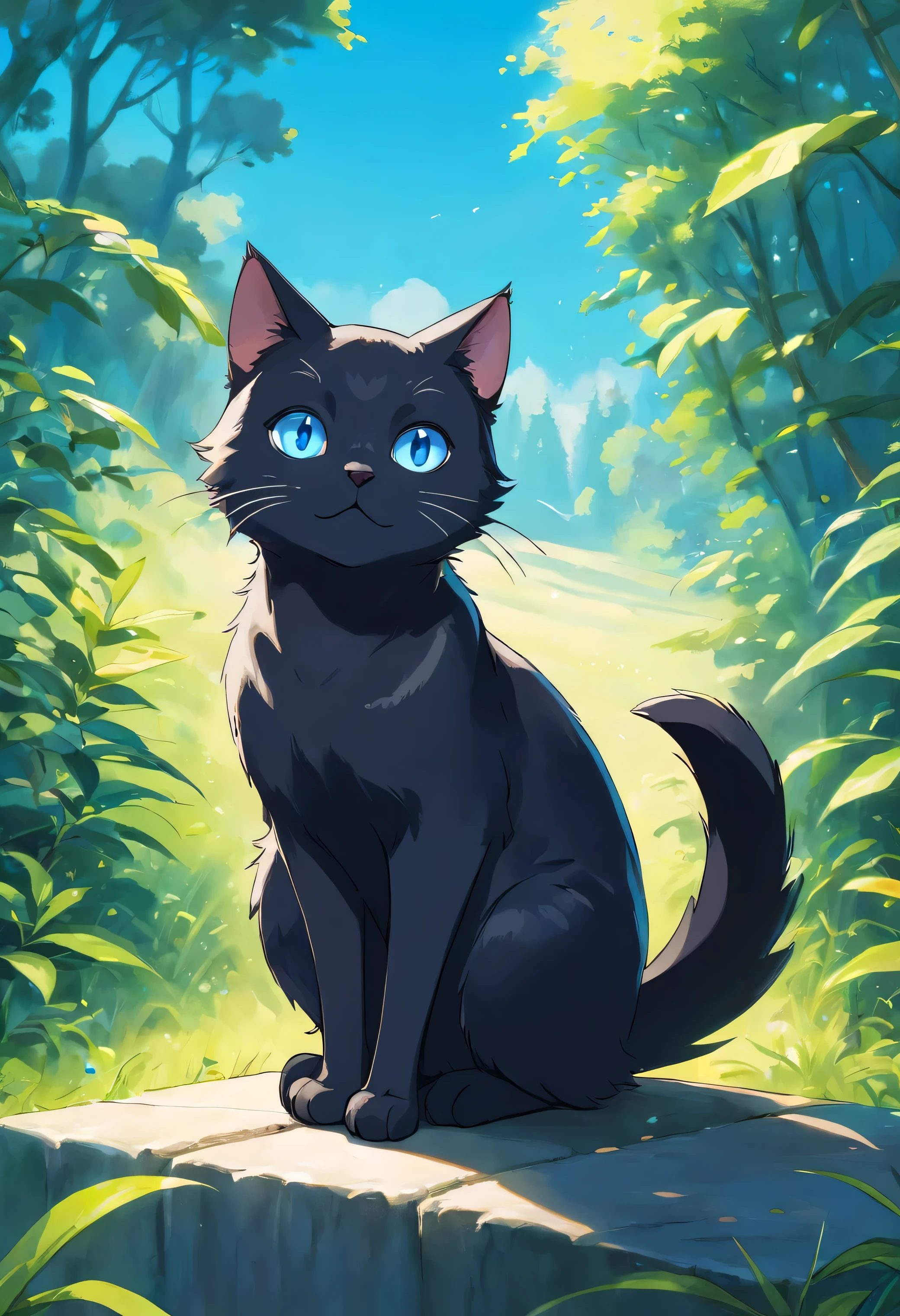 A cute black cat with glossy blue eyes,looking to another side, full body, detailed, sitting,vivid colors, cute,Black and white tabby cat,Lazy,Love to be coquettish, simple background