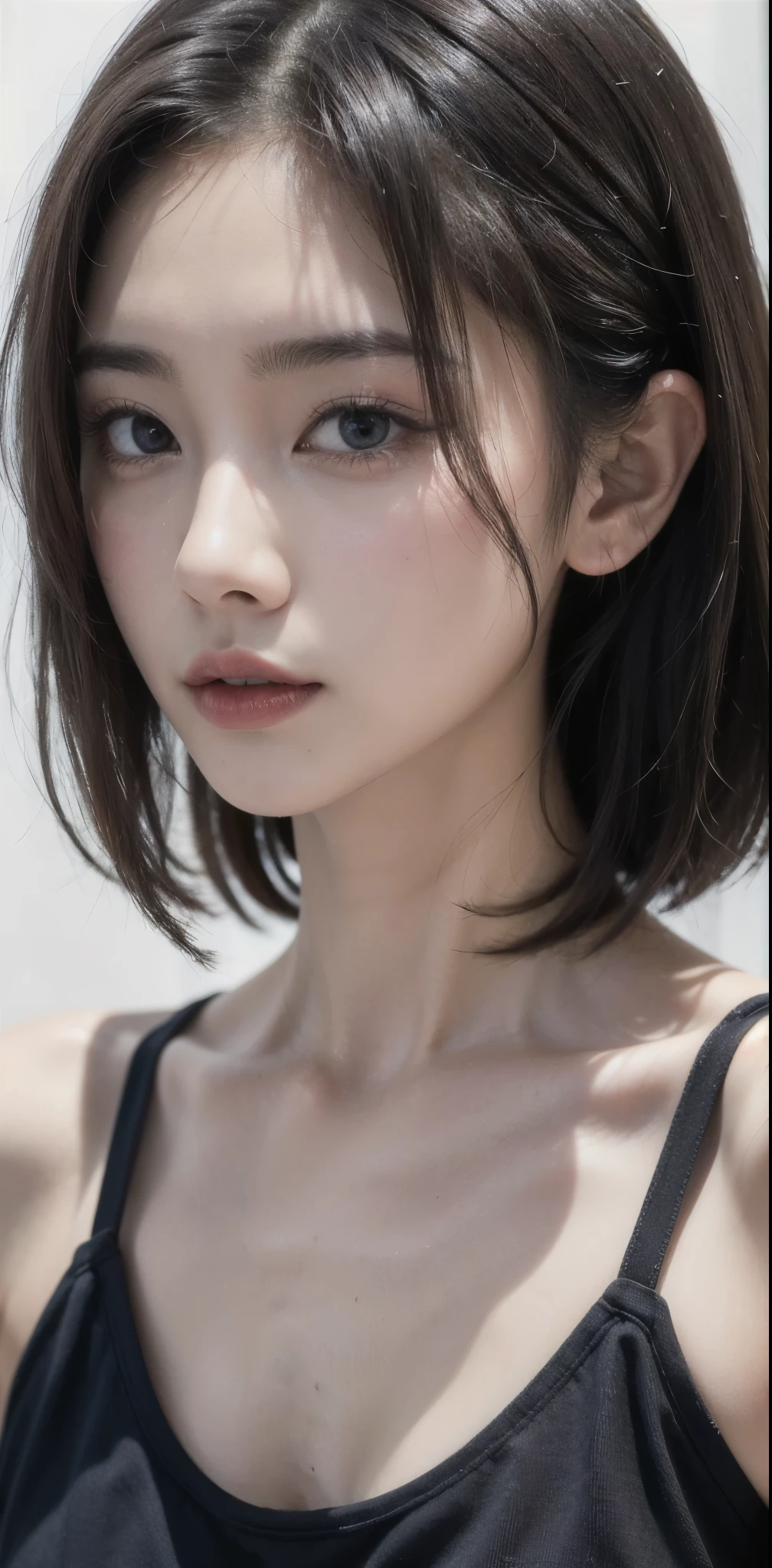 Masterpiece, 1 Beautiful Girl, Detailed Eyes, Swollen Eyes, Top Quality, Ultra High Resolution, (Reality: 1.4), Original Photo, 1Girl, Cinematic Lighting, Japanese, Asian Beauty, Korean, Very Beautiful, Beautiful Skin, Slender, Body Facing Front, (Ultra Realistic), (High Resolution), (8 K), (very detailed), (best illustration), (beautifully detailed eyes), (super detailed), detailed face, looking at viewer, facing straight ahead, neat clothes, sleeveless, short hair, black hair, 46 point slanted bangs, white background, neat room,
