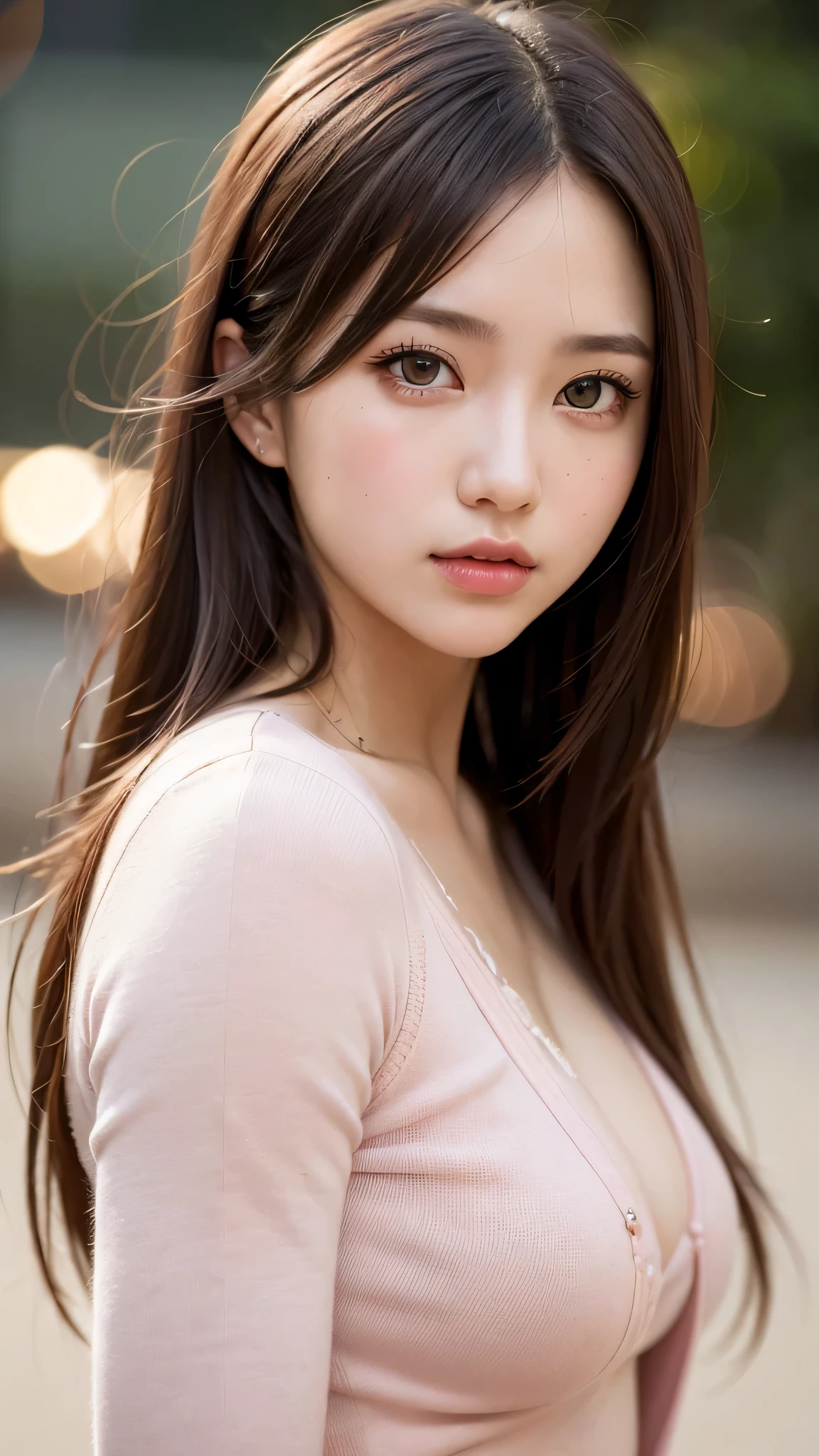 ((1girl)), Brown hair, Amazing face and eyes, Pink eyes, (amazingly beautiful girl), Brown hair, ((Best Quality)), (Ultra-detailed), (extremely detailed CG unified 8k wallpaper), Highly detailed, High-definition raw color photos, Professional Photography, (((Bokeh))), depth of fields,