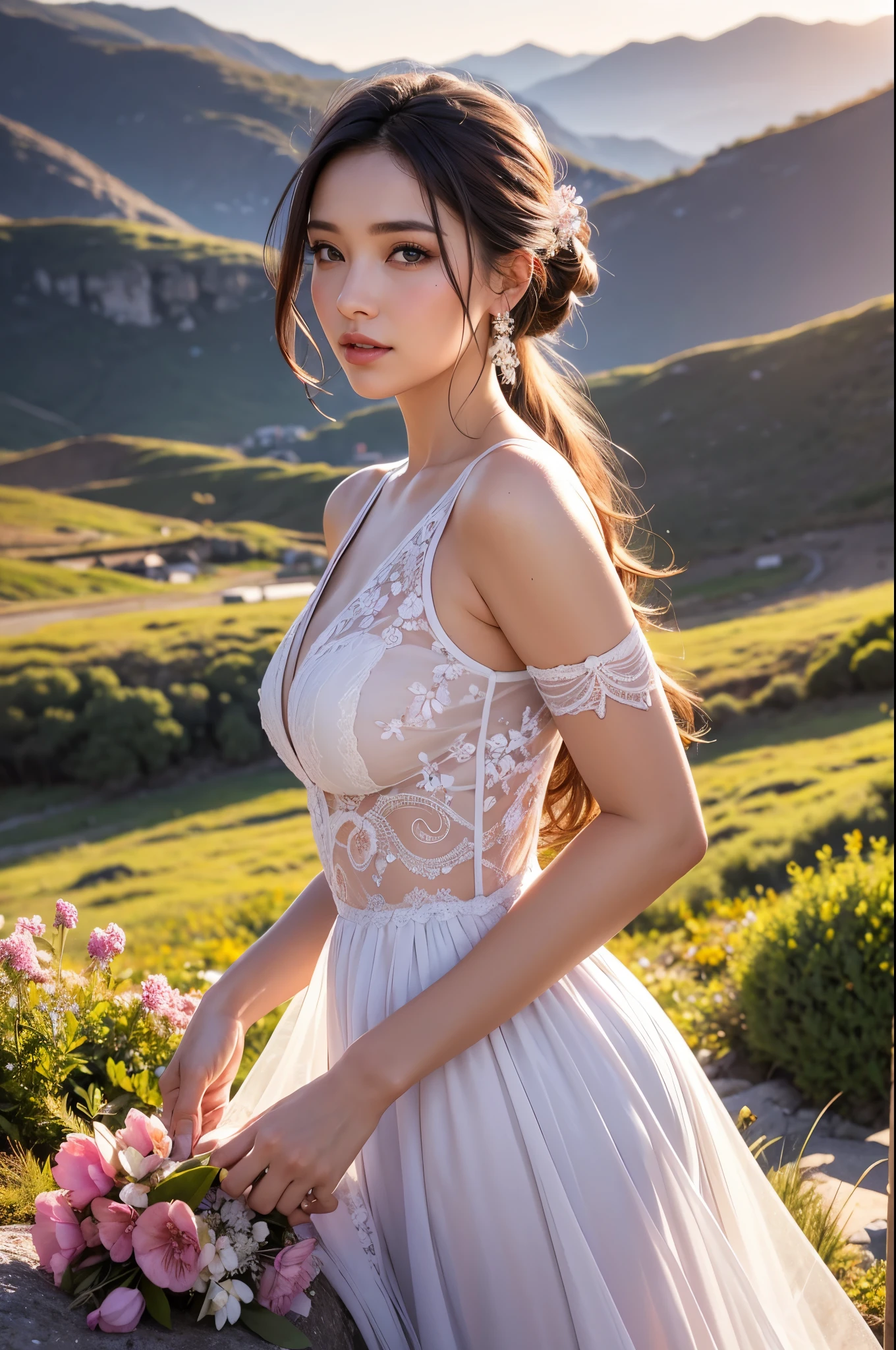 A beautiful woman stood atop a rocky outcropping, Her hair was swept up in loose curls that tumbled down her back, a subtle hint of makeup accentuated her high cheekbones, full lips, and flawless complexion. As she turned to face the camera, a soft smile played at the corners of her mouth, framing her delicate features and piercing blue eyes overlooking a breathtaking valley below. She wore a flowing wedding dress that billowed gently in the breeze ,the lace was delicately embroidered with tiny flowers and vines, while the hem was adorned with sparkling crystals that caught the light and glimmered like stars. In the foreground, a bed of wildflowers added a pop of color to the scene, with vibrant hues of pink, purple, and yellow. Bees buzzed lazily from blossom to blossom, collecting nectar in the golden light of the setting sun. The sun was setting behind the mountains, casting a warm orange glow across the vast landscape.